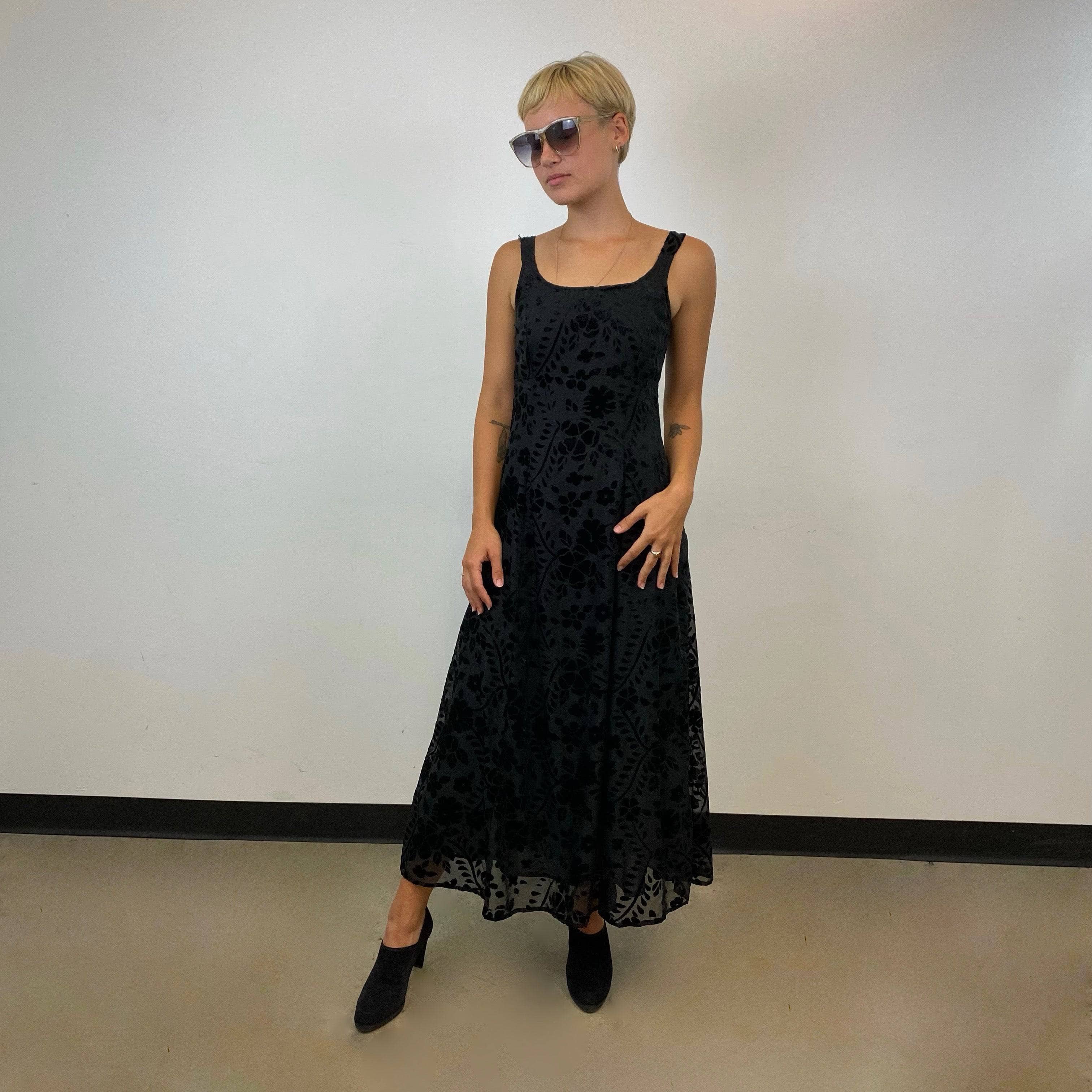 1990s Black Sleeveless Fit and Flare Maxi Dress, empire waist, velvet flockes sheer fabric, size small, Brand Le Chateau