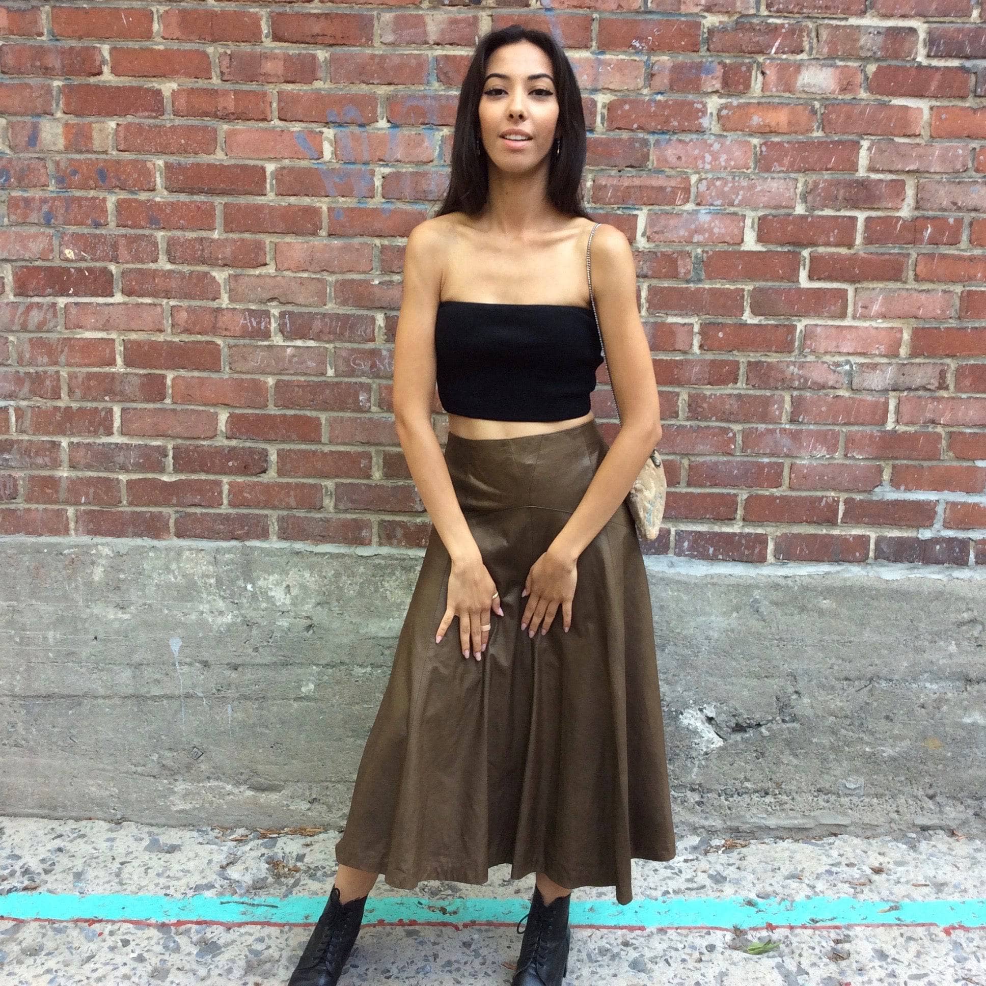 Lily Simon 1990s Midi Length Flared Leather Skirt size Small sold by bohemevintage.com