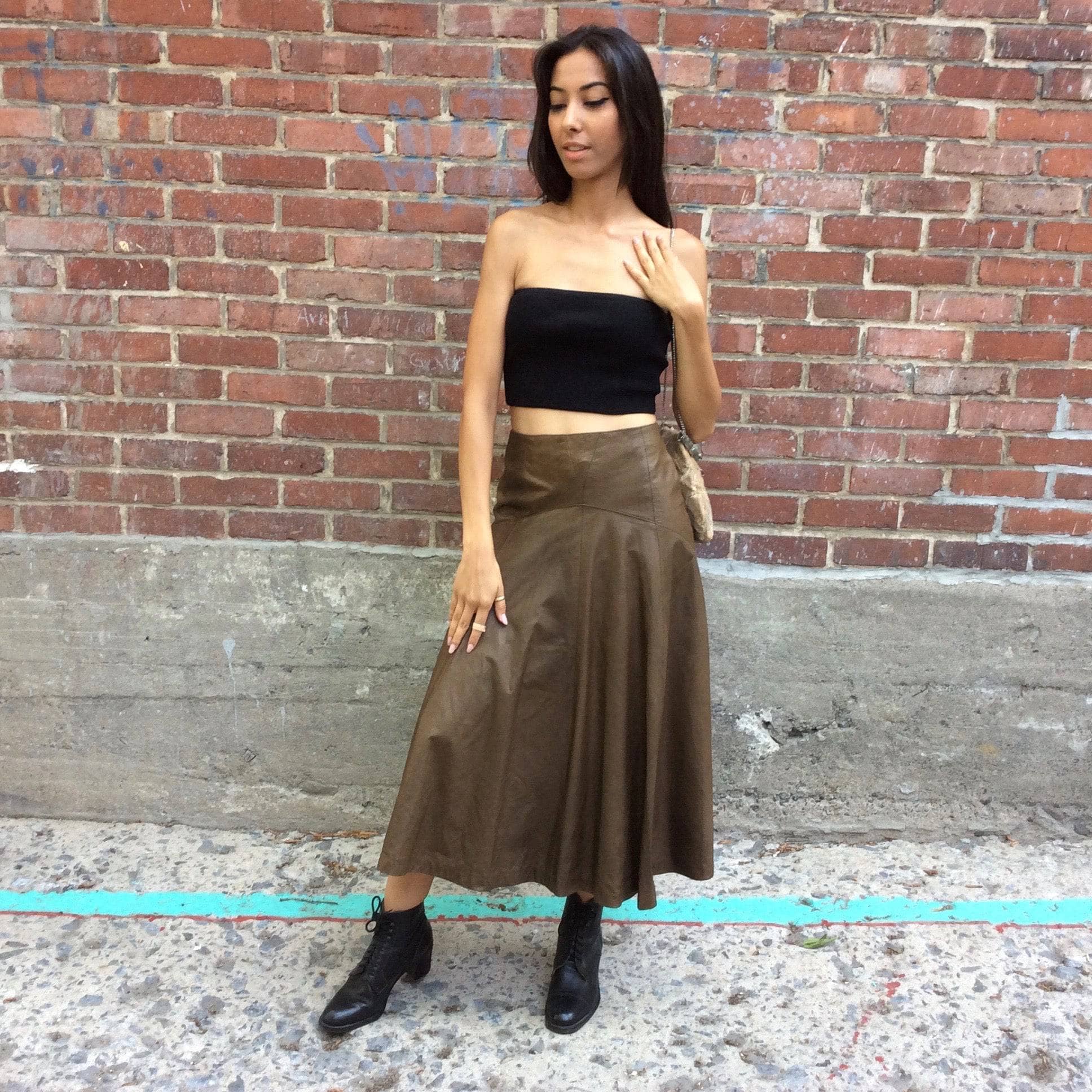 Lily Simon 1990s Midi Length Flared Leather Skirt size Small sold by bohemevintage.com