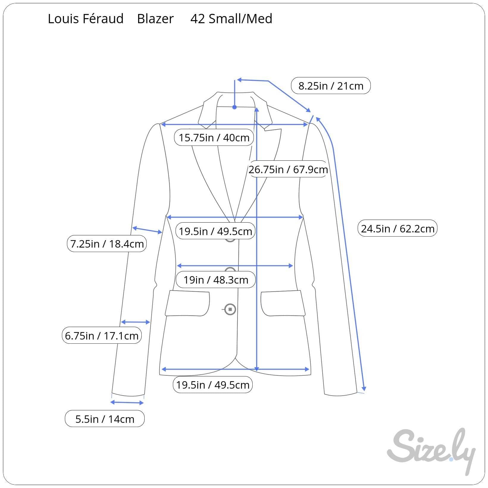 Measurements of 1990s Louis Féraud Stripped Cotton Blazer Size Small-Medium sold by bohemevintage.com Montreal