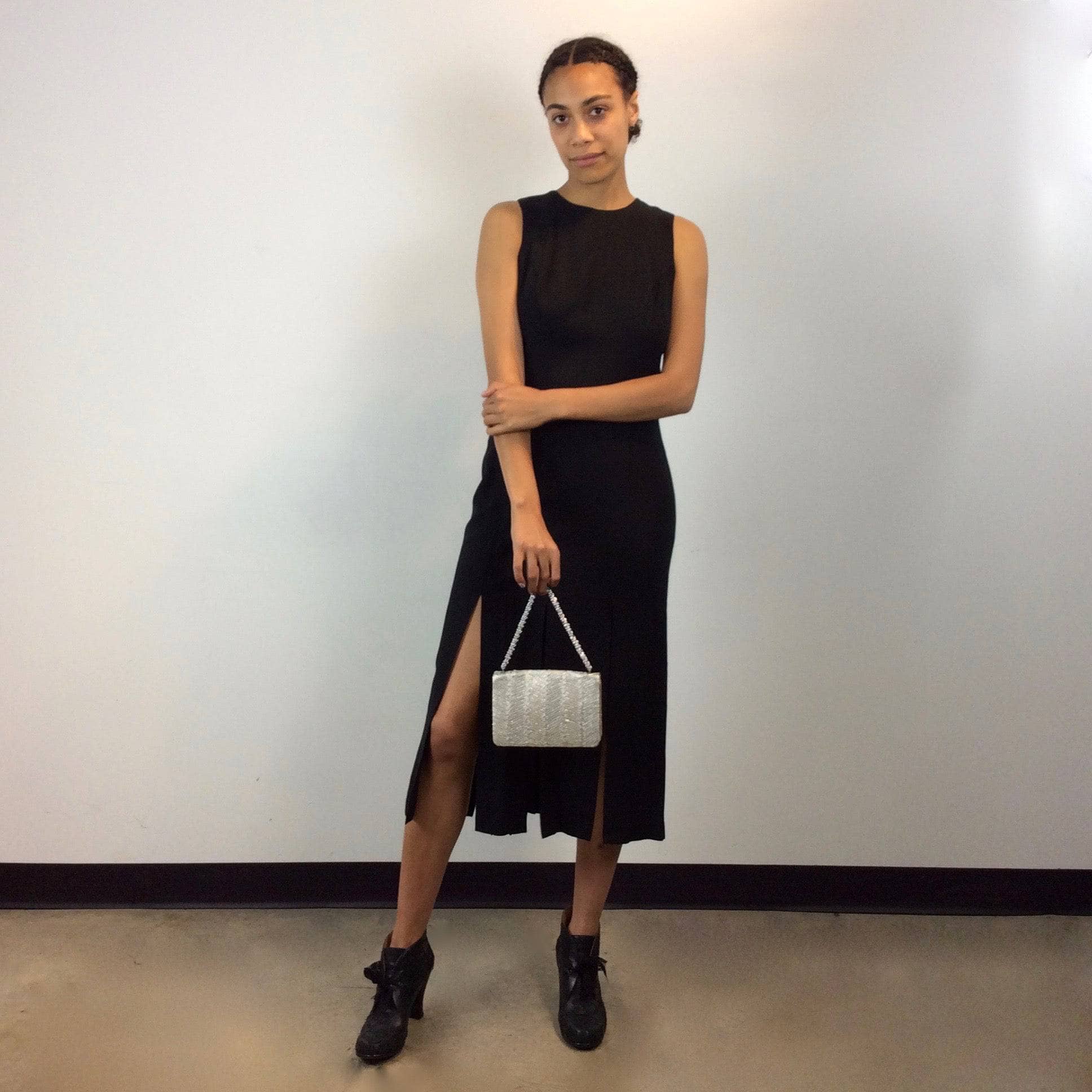 1990s Multiple Slits Open Back Sleeveless Black Midi Dress, size small