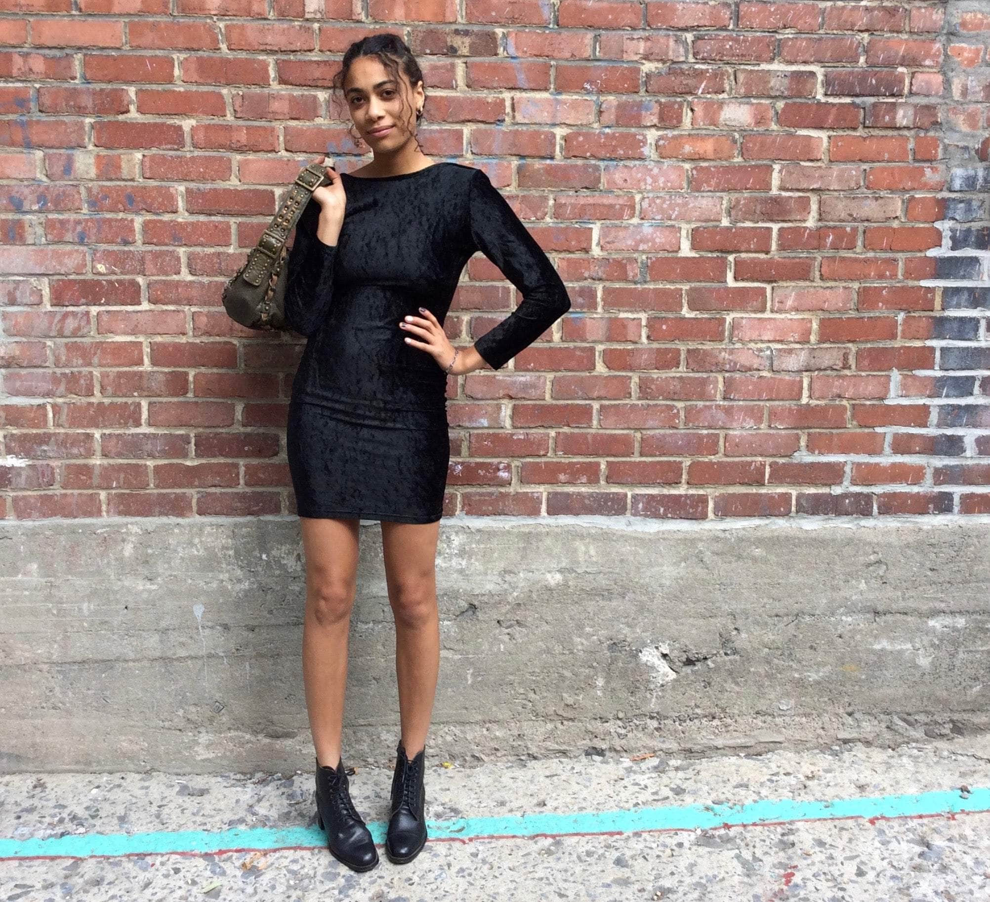 Front View of 1990s Open Back Black Velvet Bodycon Mini Dress Size Small sold at bohemevintage.com Montreal