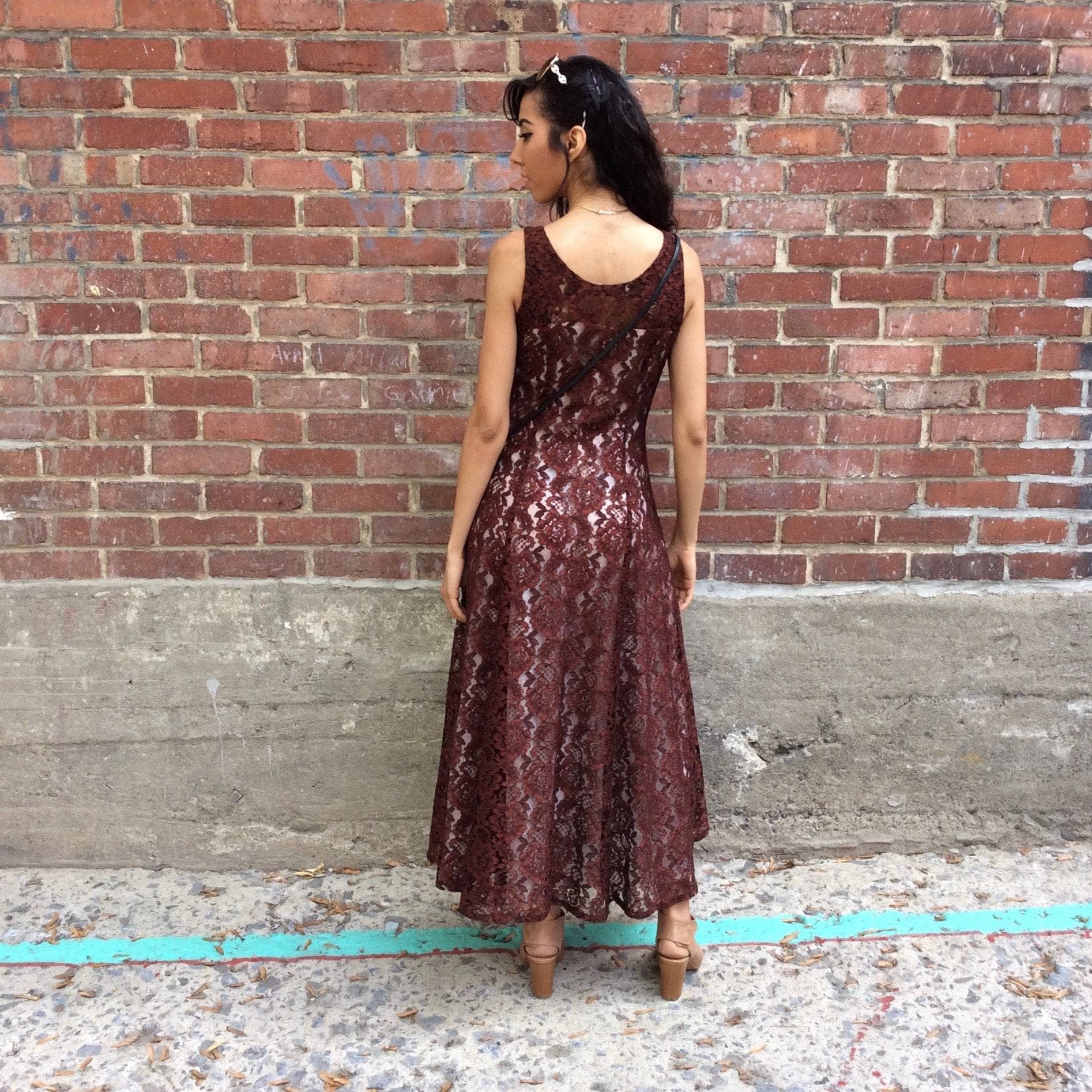 Back View of 1990s Sleeveless Brown Lace Midi-Length Dress Size Small, sold by bohemevintage.com Montreal