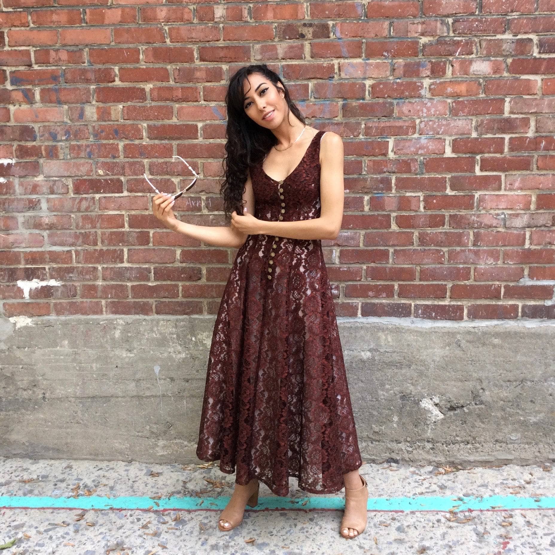 1990s Sleeveless Brown Lace Midi-Length Dress Size Small, sold by bohemevintage.com Montreal