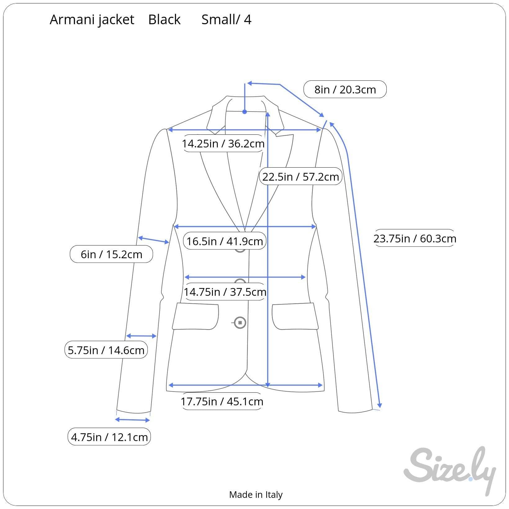 Measurements of 2000s Emporio Armani Black Zip-Up Blazer size Small, sold by bohemevintage.com Montreal