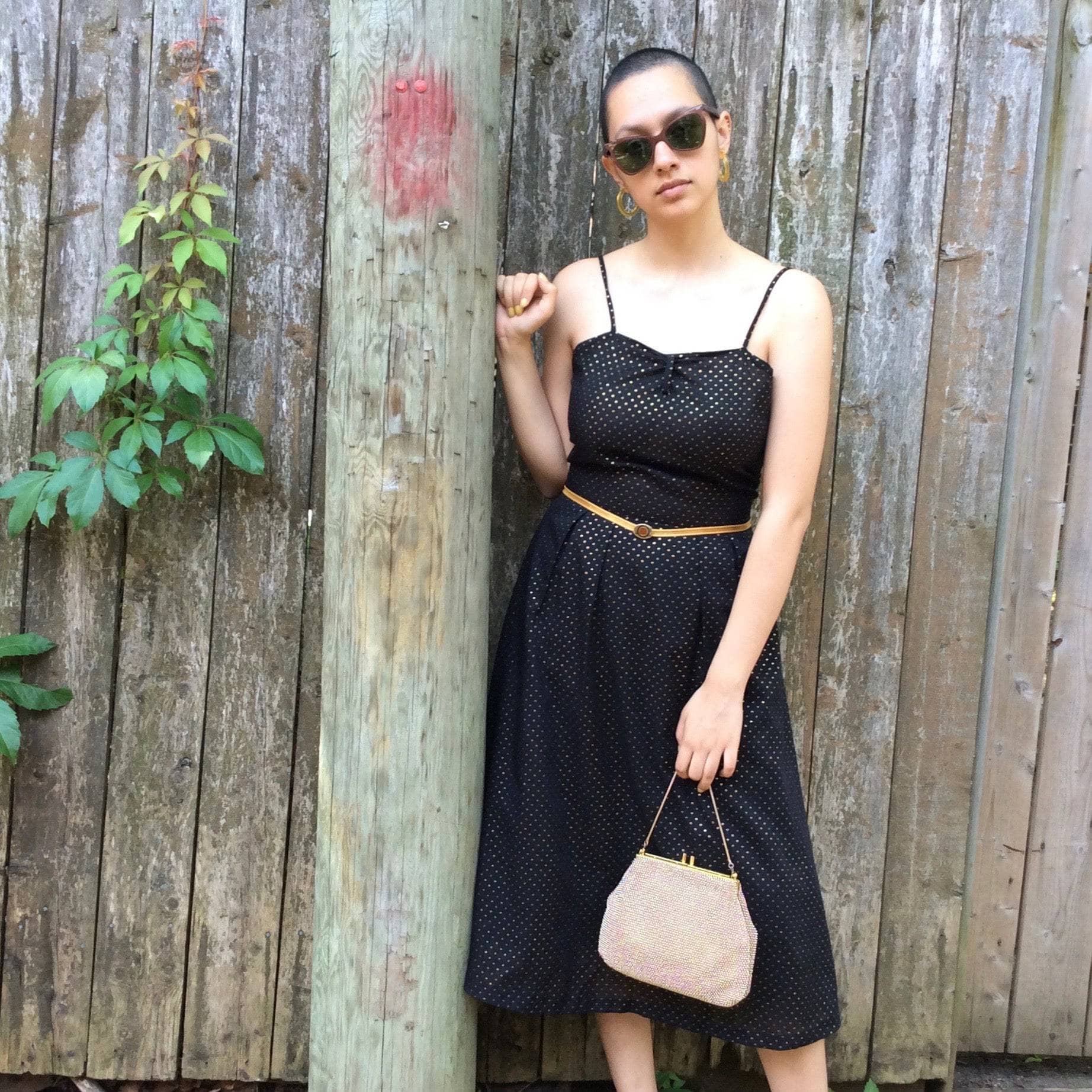 90s Metallic Gold-dotted Midi Dress sold by bohemevintage.com