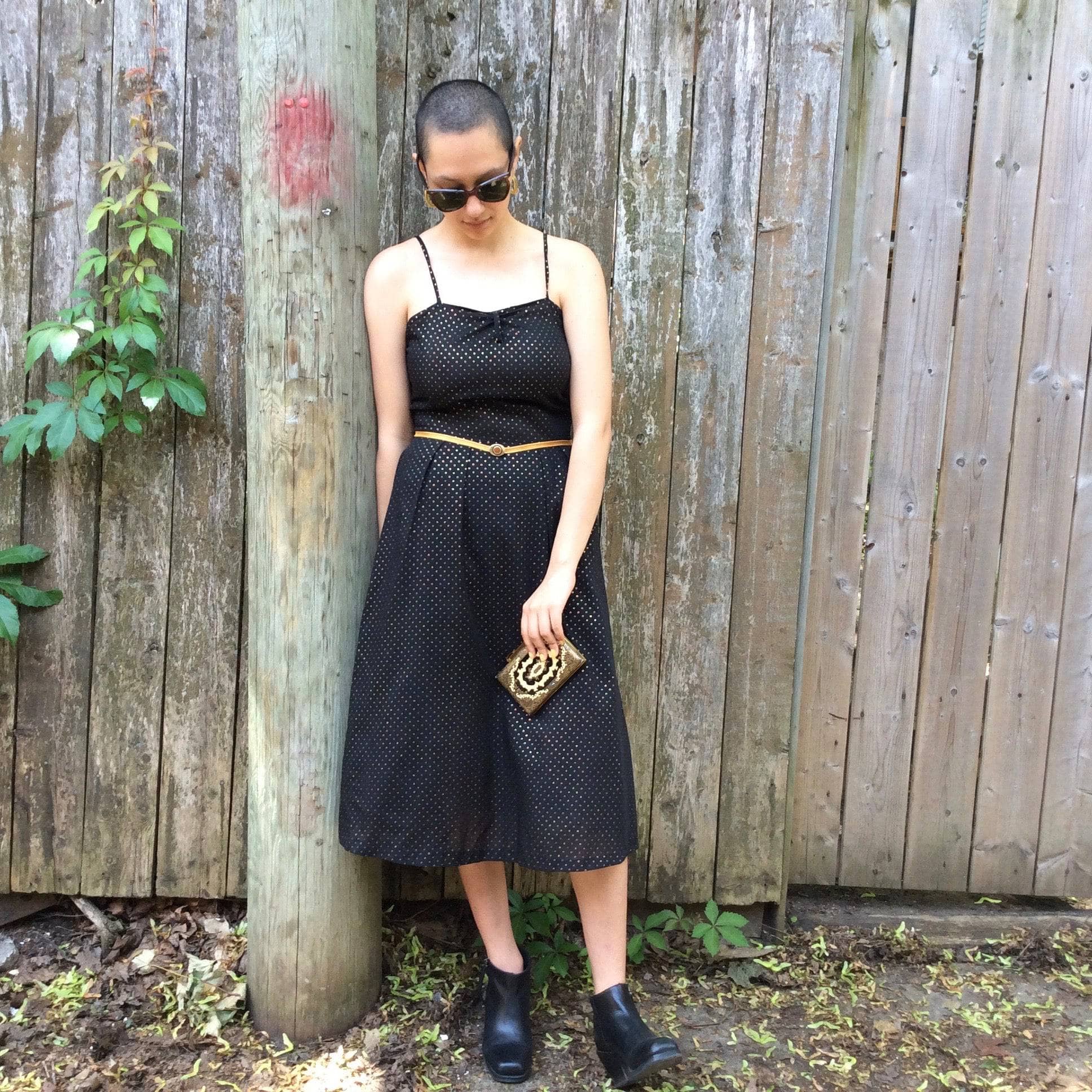 90s Metallic Gold-dotted Midi Dress sold by bohemevintage.com