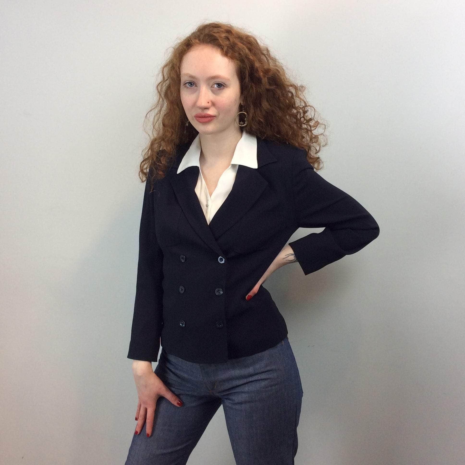 Front view of Cacharel Navy Double Breasted Blazer Size Small sold at bohemevintage.com Montreal