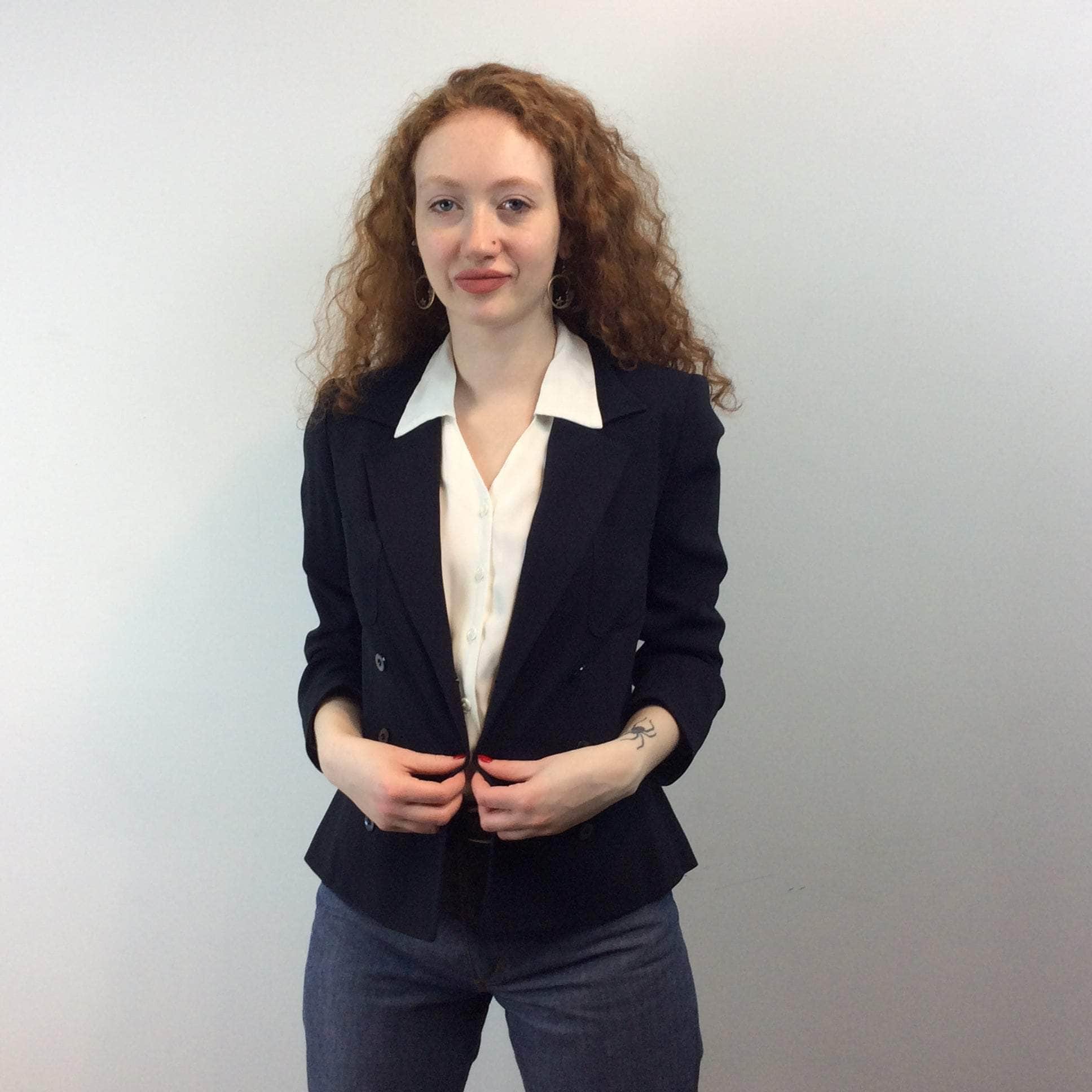 Front view of Cacharel Navy Double Breasted Blazer Size Small sold at bohemevintage.com Montreal