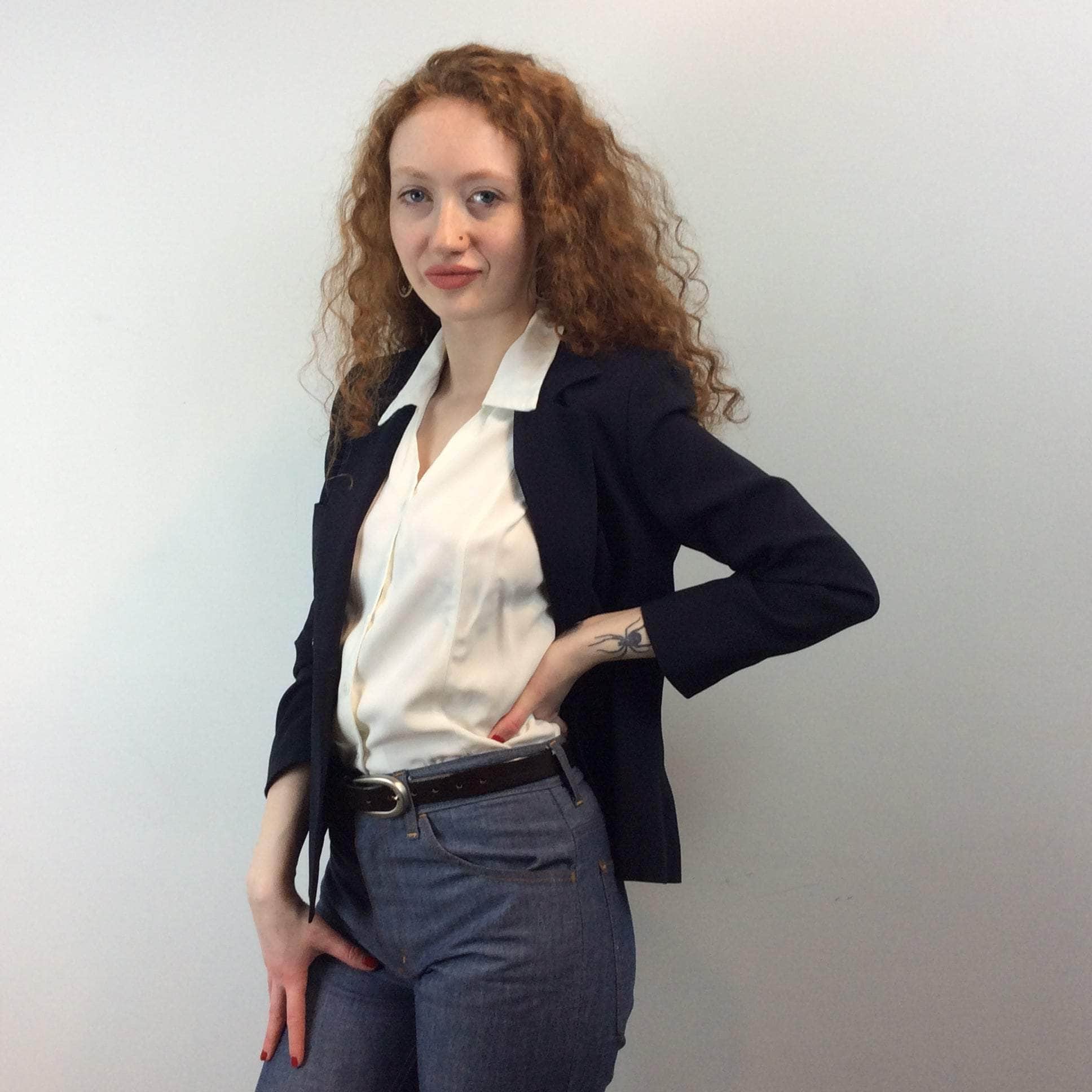 Front view of Cacharel Navy Double Breasted Blazer Size Small sold at bohemevintage.com Montreal