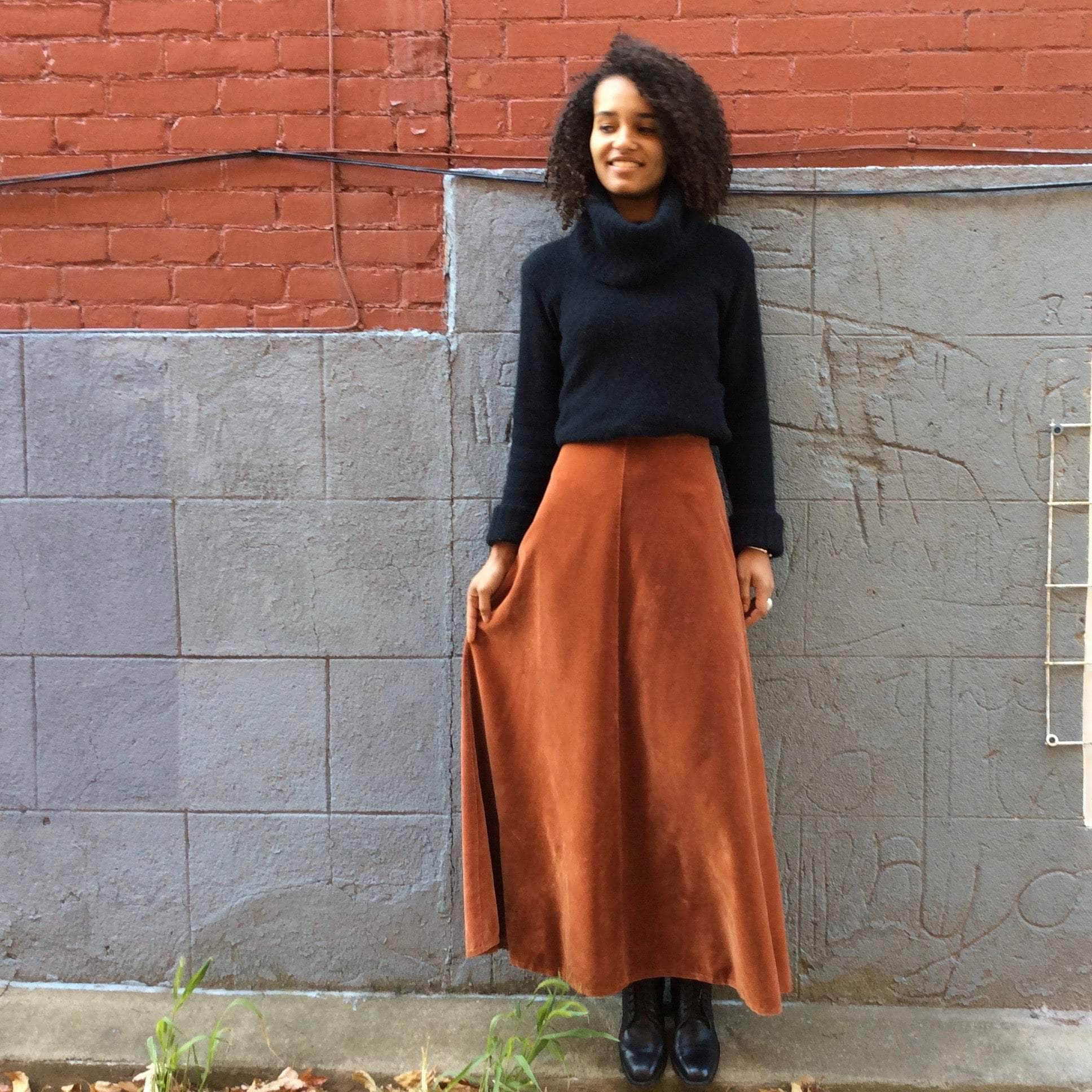 Front view of 1970s Brick Colour Maxi Velvet Skirt Small sold at bohemevintage.com Montreal