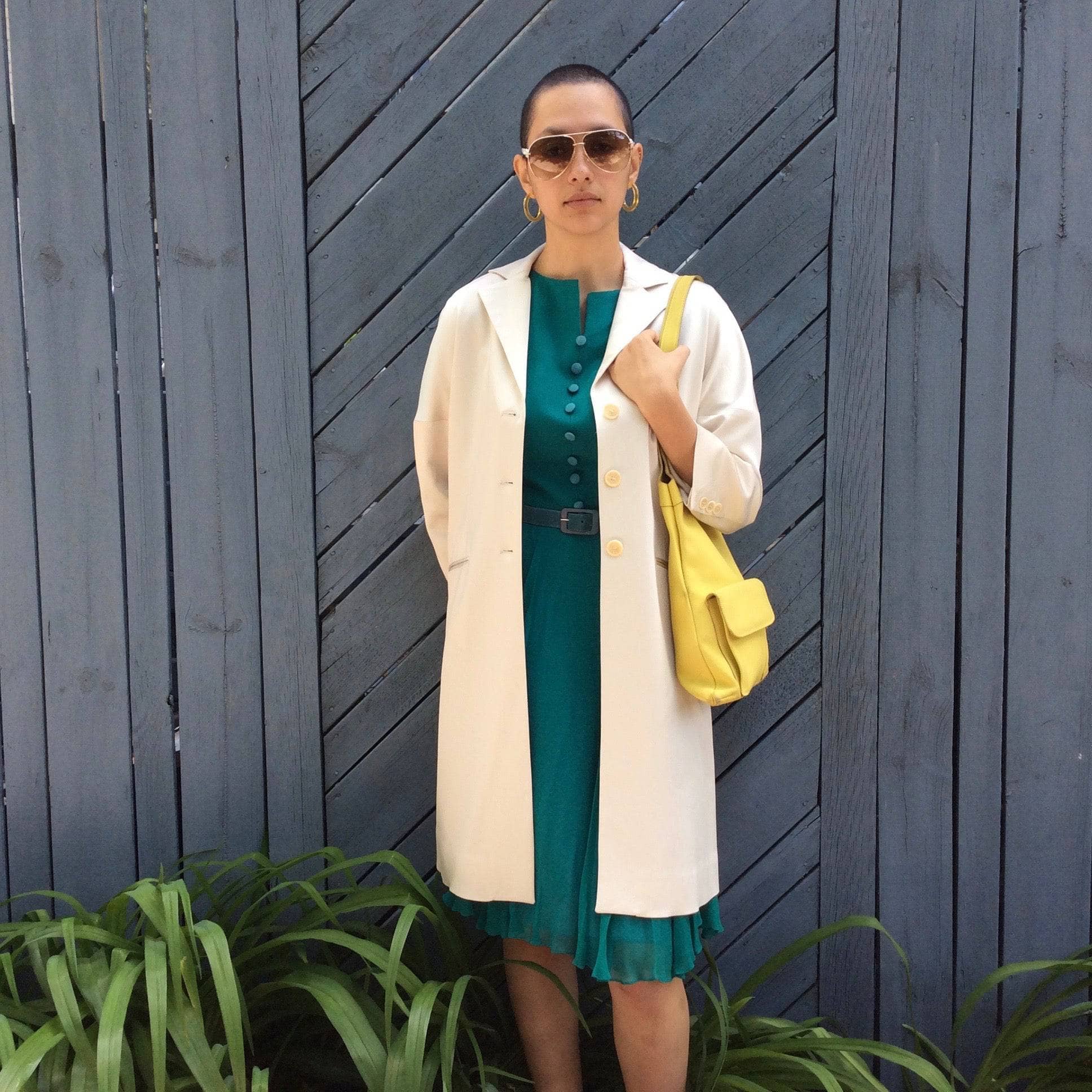 BCBG Maxazria Knee-Length Satin Evening Coat Size Small combined with a 1960s Teal Chiffon Cocktail Dress and yellow leather shoulder bag sold by bohemevintage.com Montreal