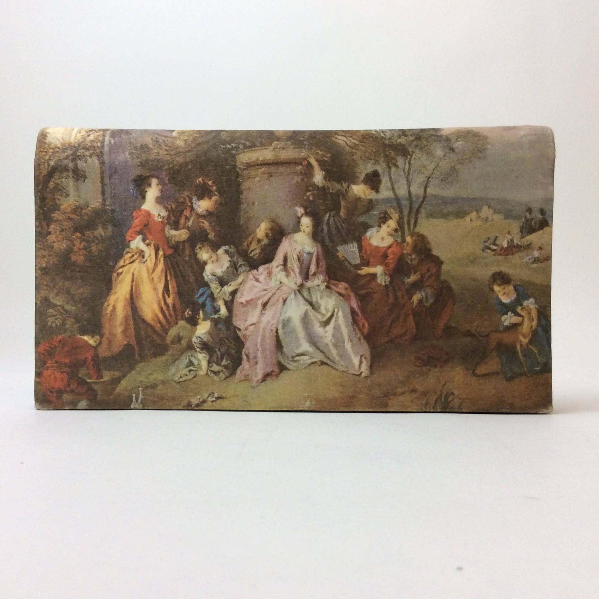 Black Satin Evening Clutch with Outdoor Royal Court Scene. Sold by bohemevintage.com