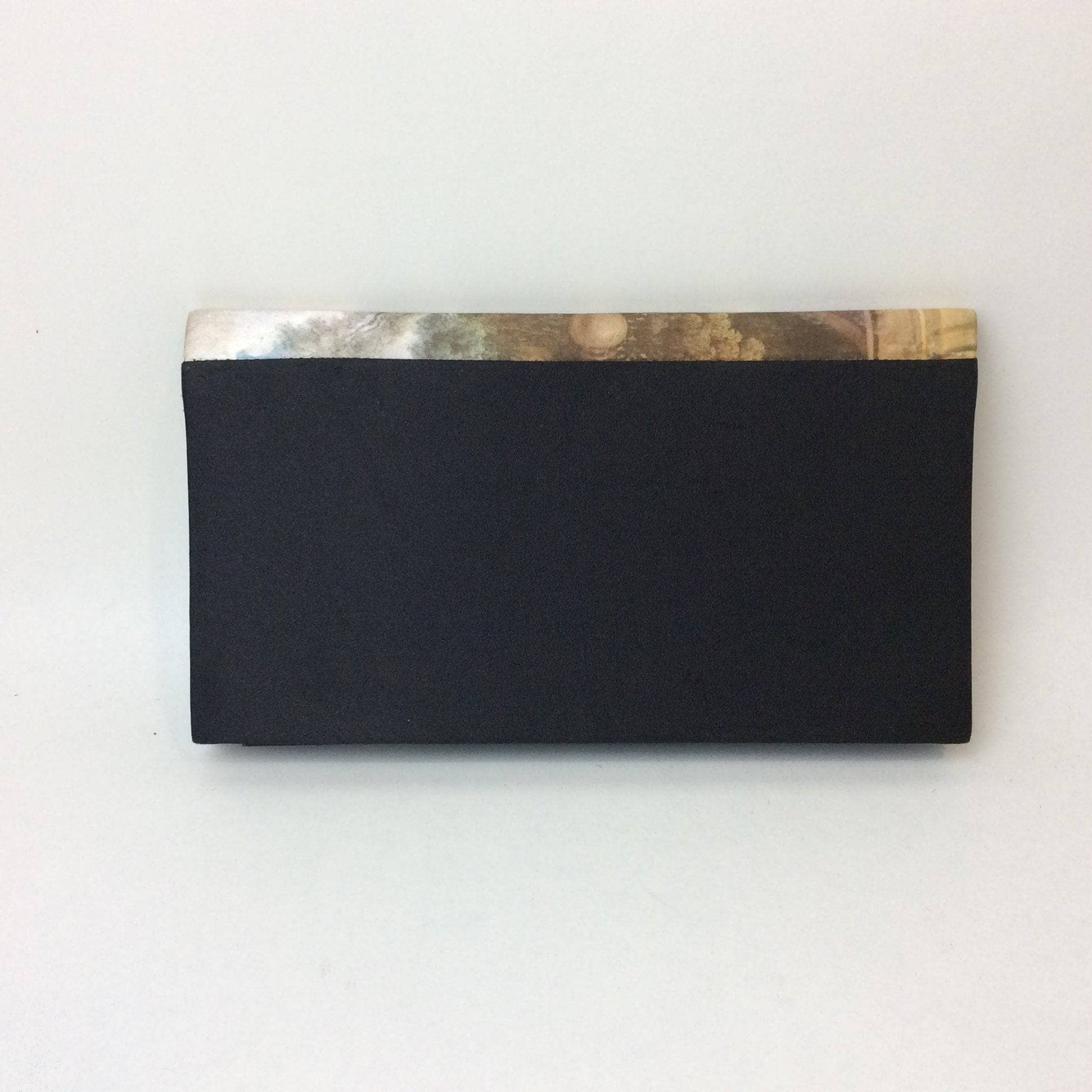 Black Satin Evening Clutch with Outdoor Royal Court Scene. Sold by bohemevintage.com