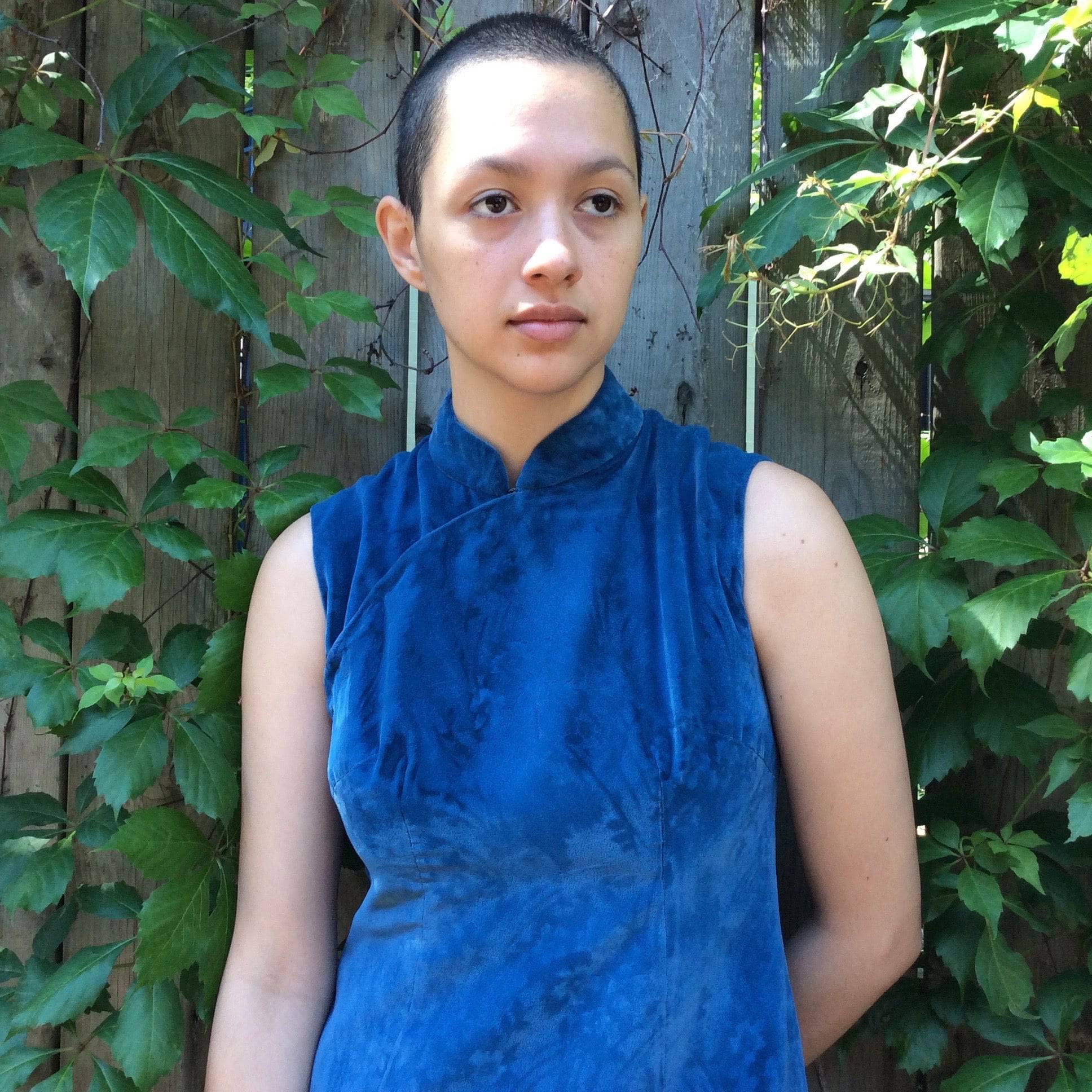 Close-up view of front of Blue Velvet Knee-length Cheongsam Dress Size small / Medium sold at bohemevintage.com, Montreal