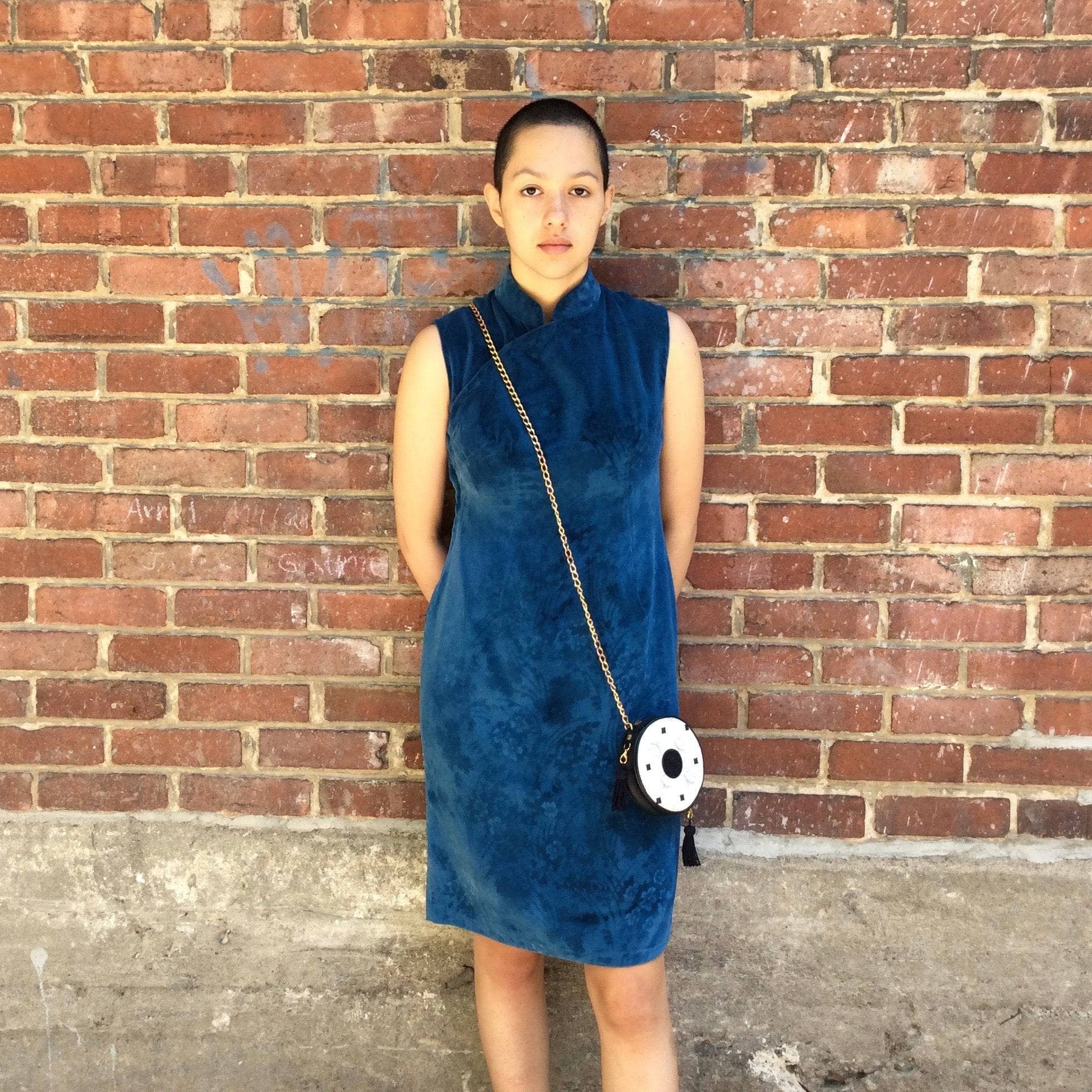 Front view of Blue Velvet Knee-length Cheongsam Dress Size small / Medium sold at bohemevintage.com, Montreal