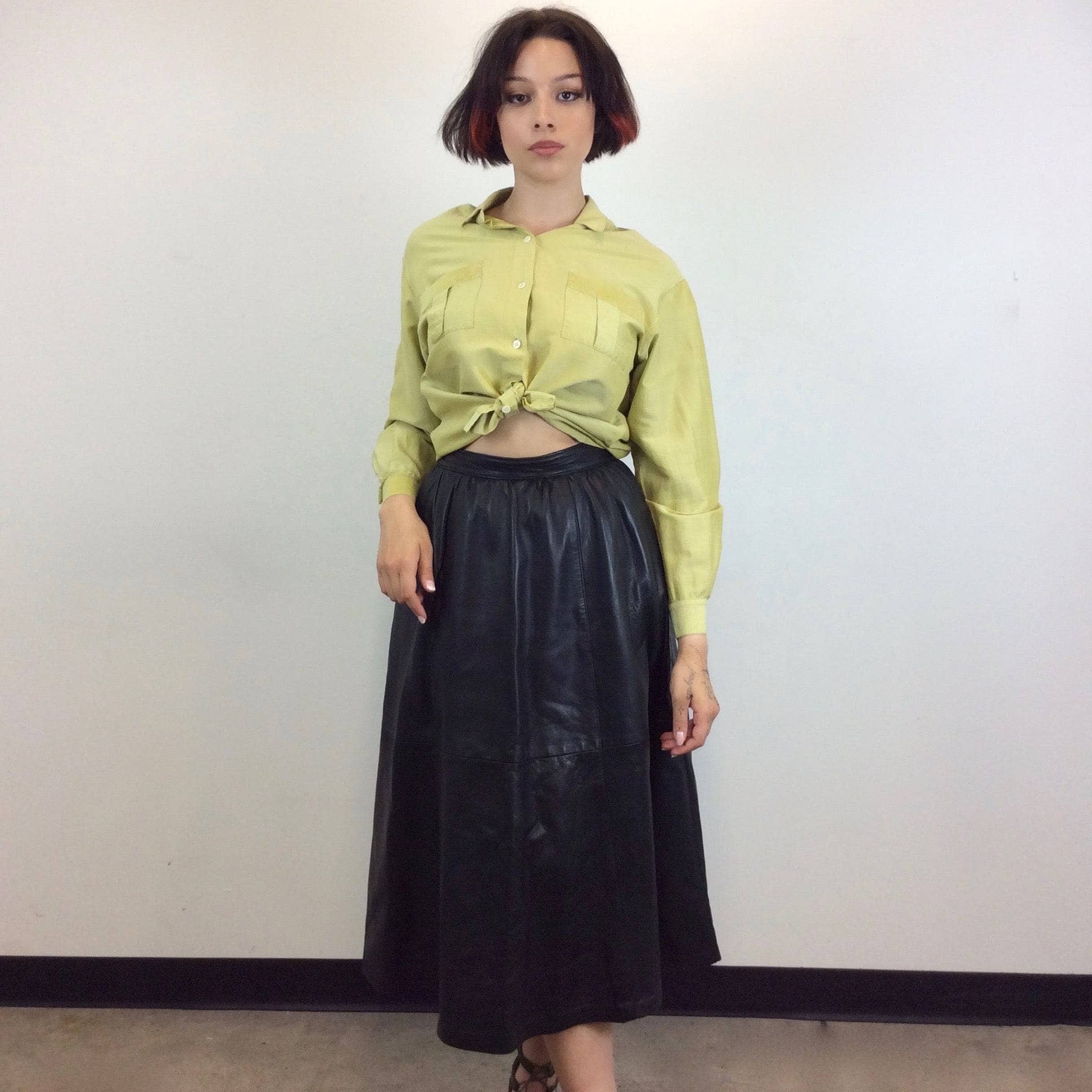 Flared Black Leather Midi Skirt Size Medium sold by bohemevintage.com