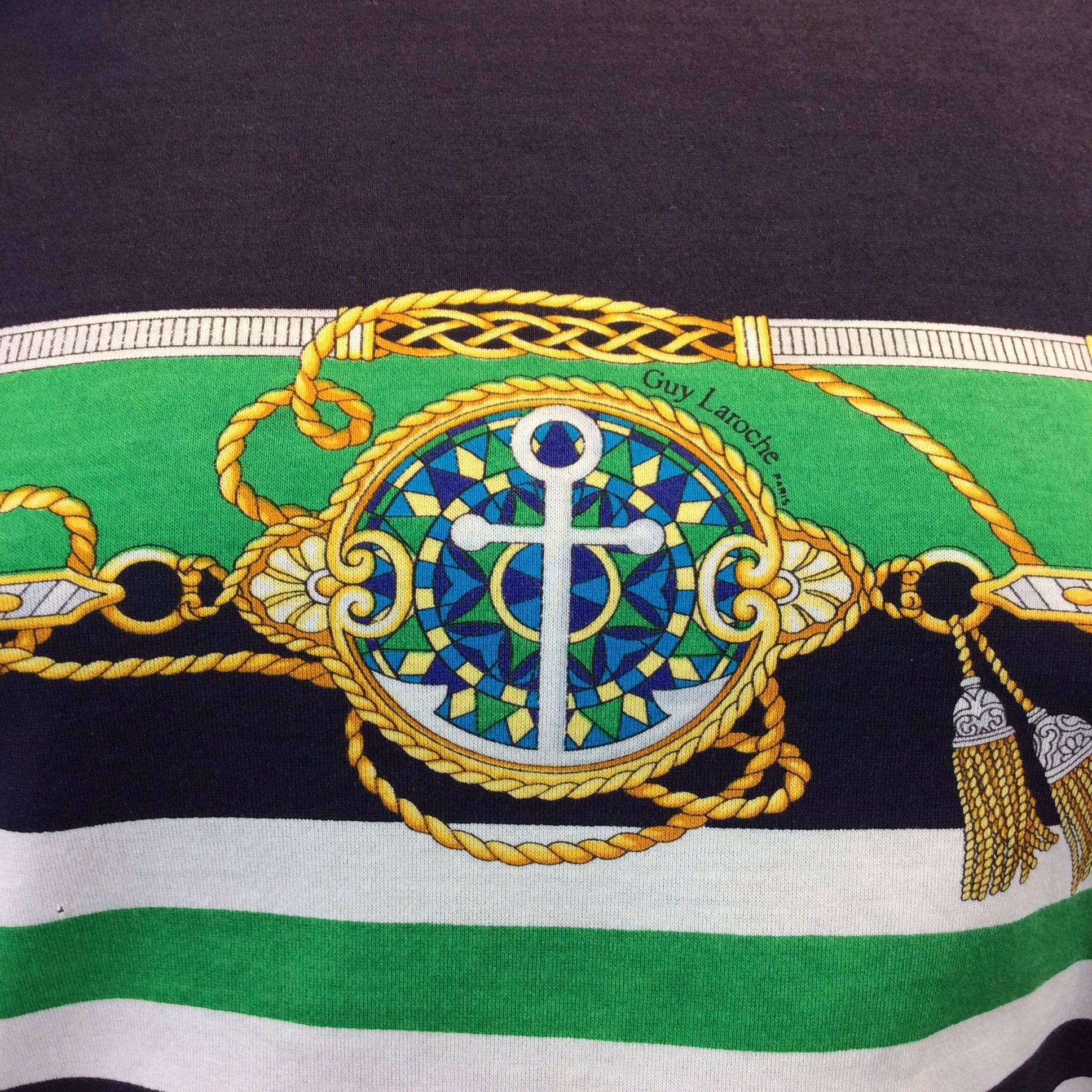 Close-Up of Nautical Design of Guy Laroche Nautical Design Colour Block Striped T-shirt size Small/Medium, sold by bohemevintage.com Montréal