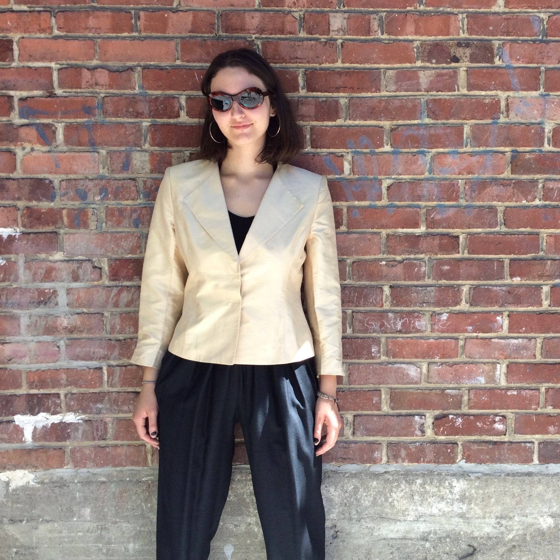 Front View Holt Renfrew Gold Silk Fitted Blazer S-M Sold by bohemevintage.com