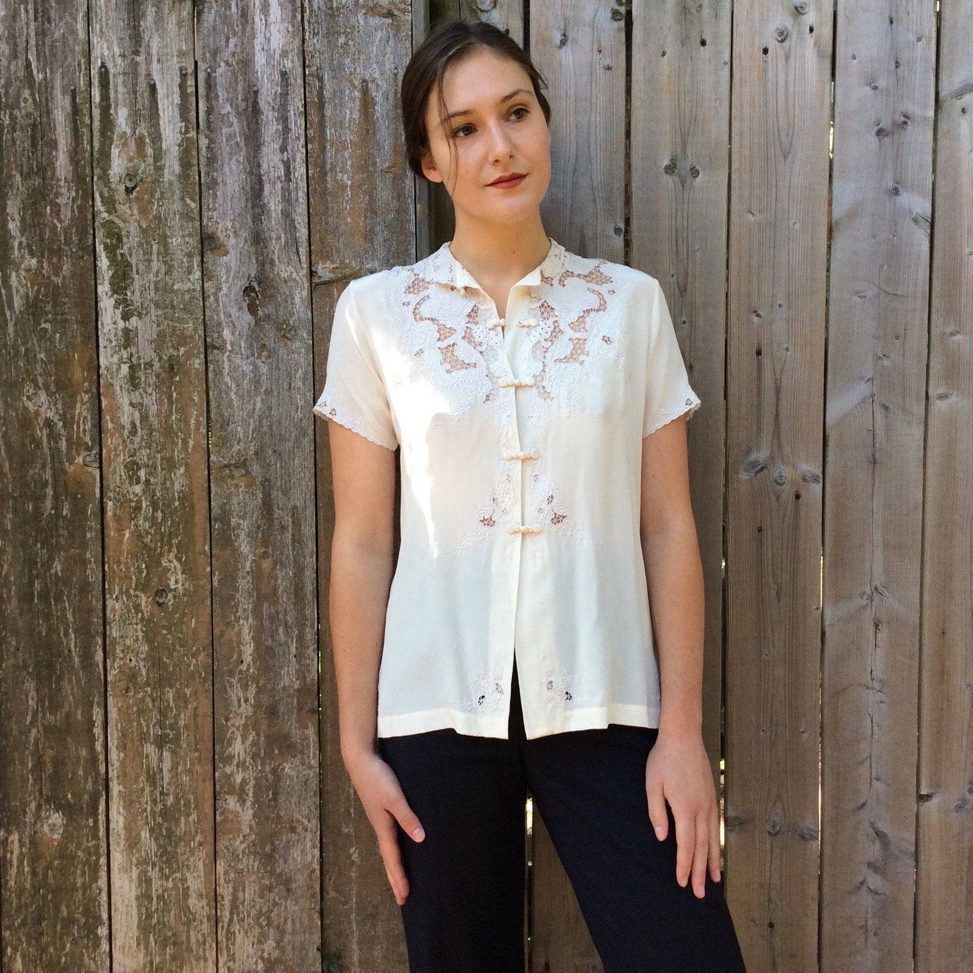 Embroidered and cut work short sleeve shirt