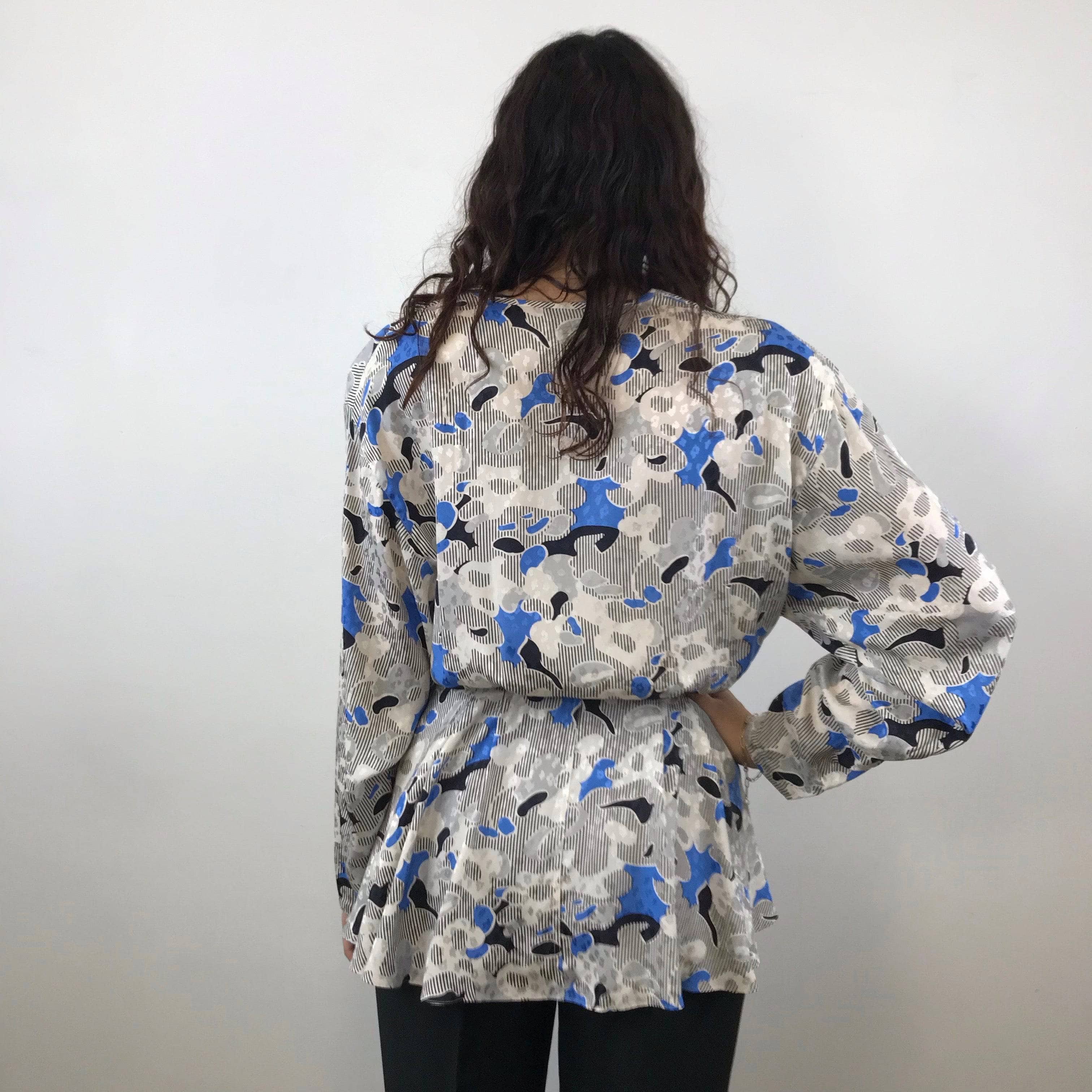 Back view of Louis Féraud Wrap Silk Peplum Tunic Blouse size Medium-Large sold by bohemevintage.com