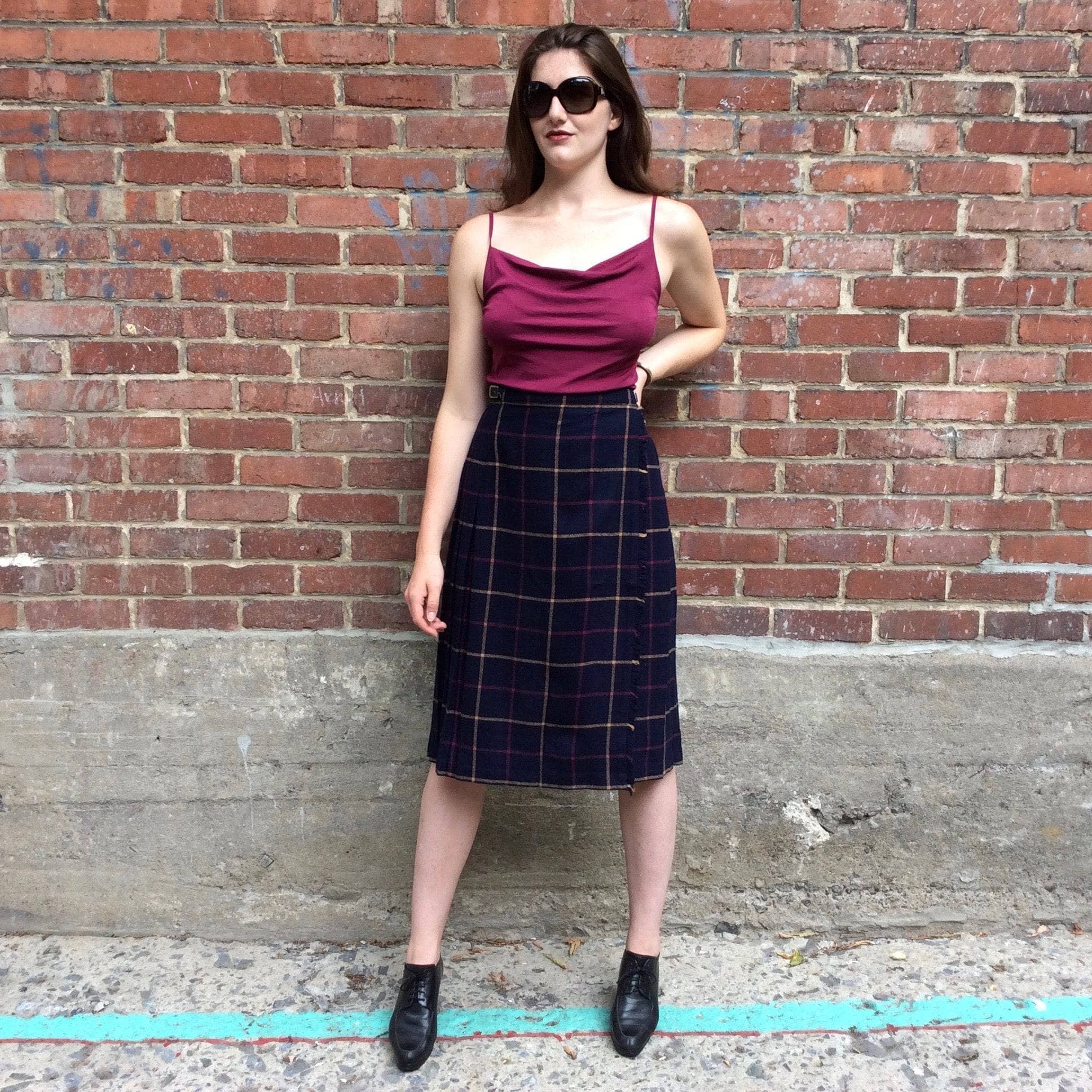 Midi-Length Pleated Tartan Wool Skirt Size S-M sold by bohemevintage.com