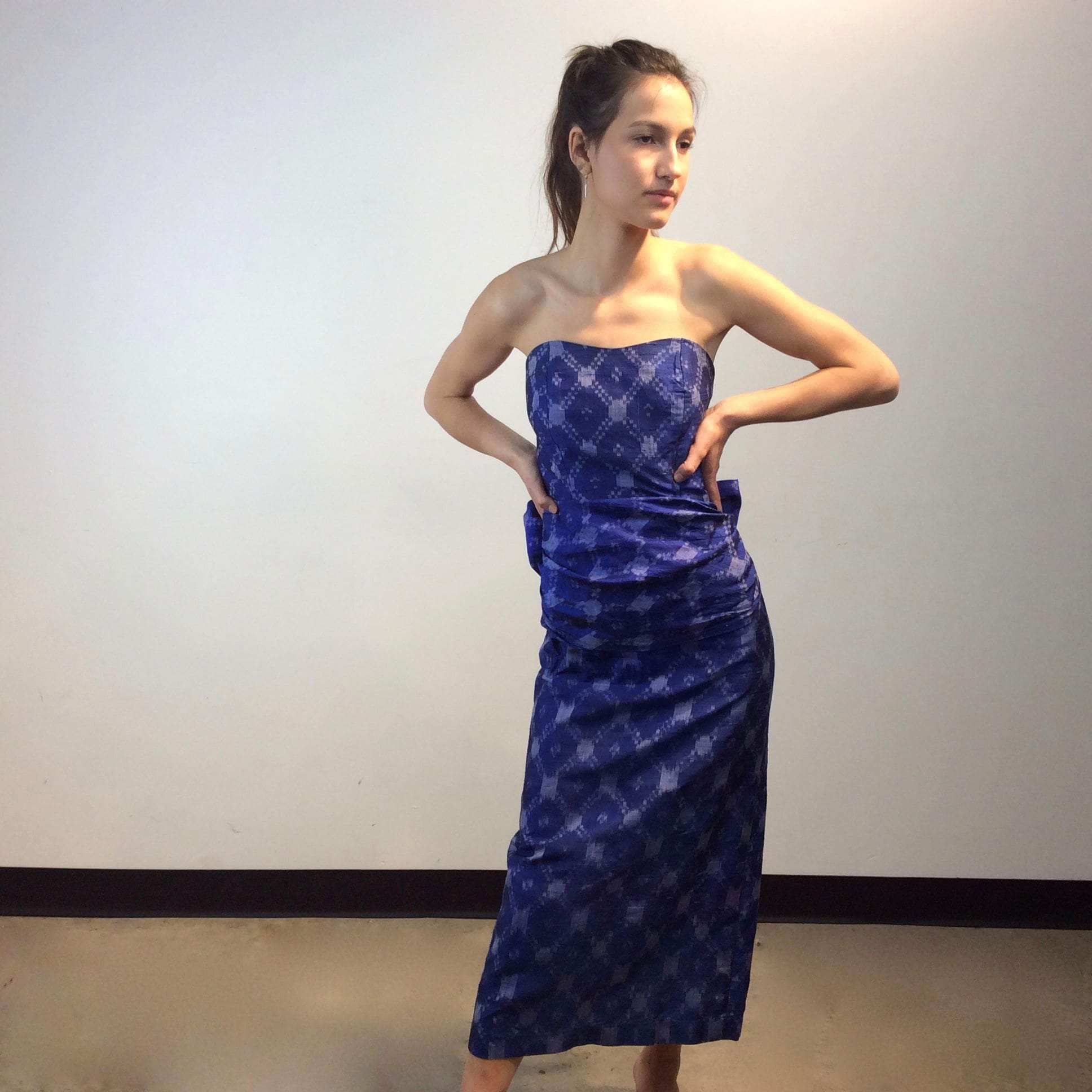 Front view of Midnight Blue Strapless Ikat Silk Midi Dress Size Extra Small Sold by bohemevintage.com Montreal
