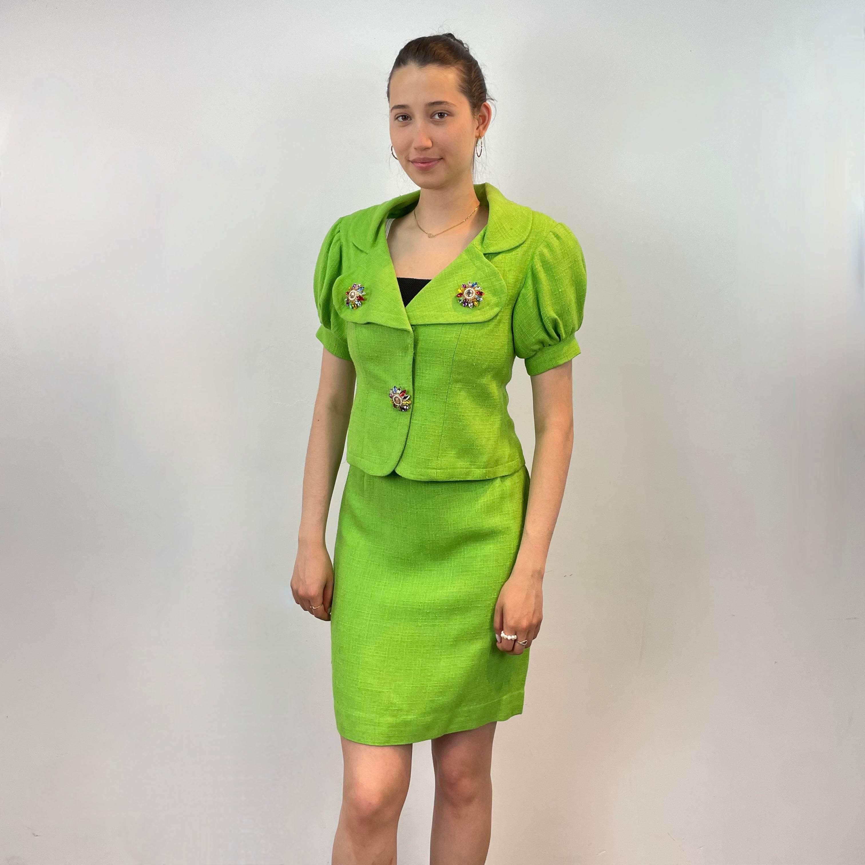 1980s Christian Lacroix Lime Blazer and Skirt Set Size Small/Medium sold by bohemevintage.com Montreal