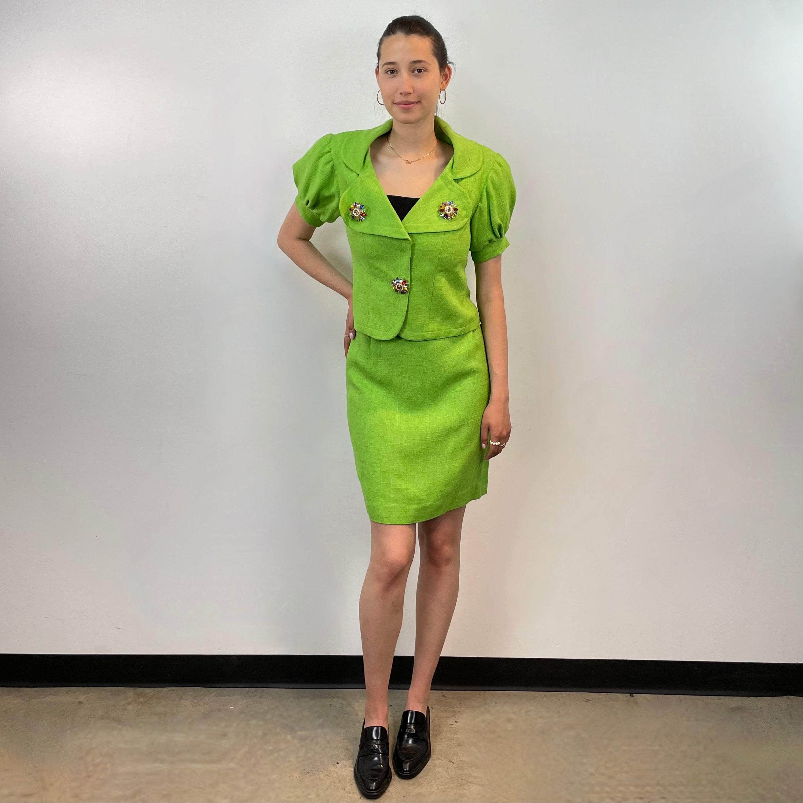 1980s Christian Lacroix Lime Blazer and Skirt Set Size Small/Medium sold by bohemevintage.com Montreal