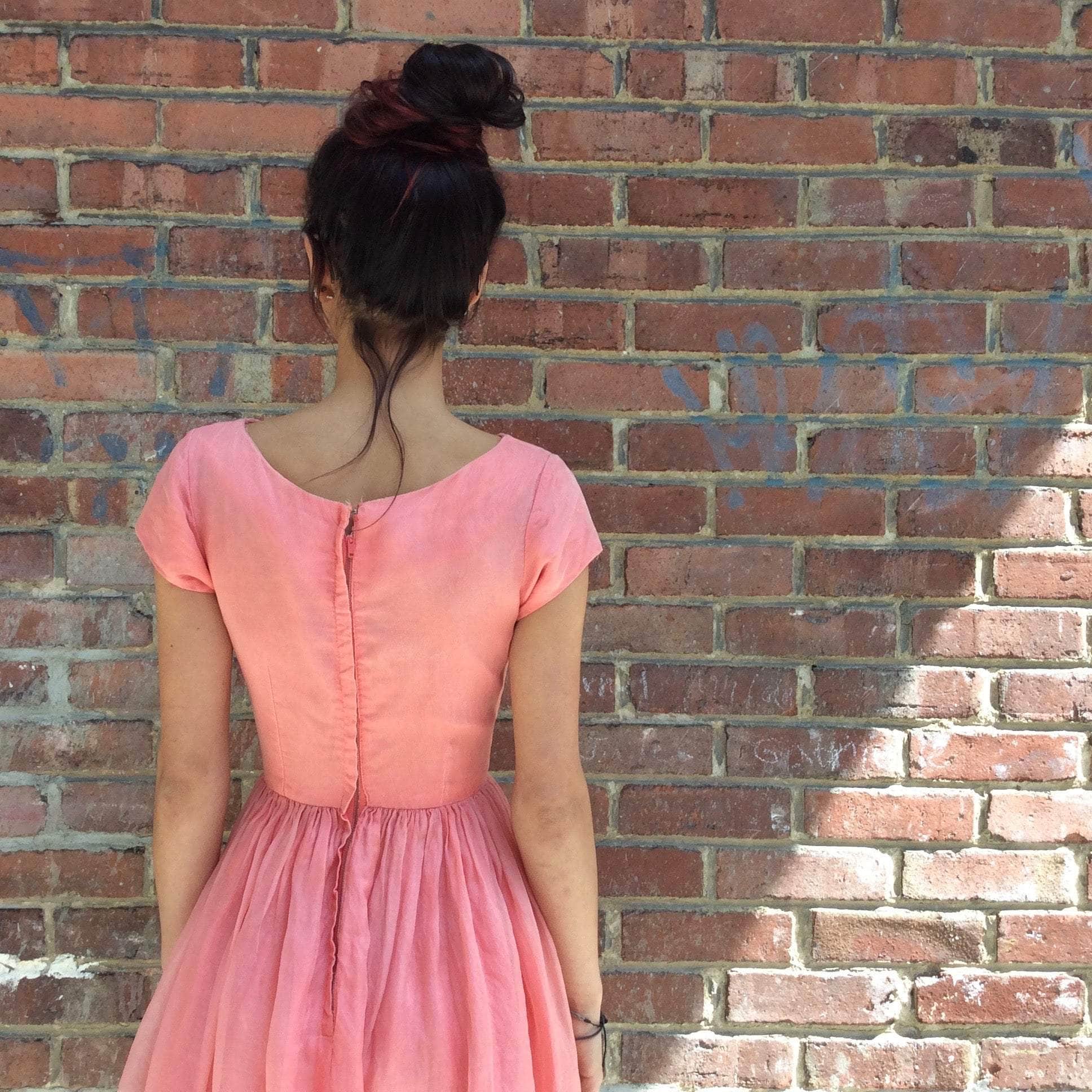 Back view of 1950s Silk Chiffon Short-Sleeve Embroidered Dress size Extra Small sold on bohemevintage.com Montreal