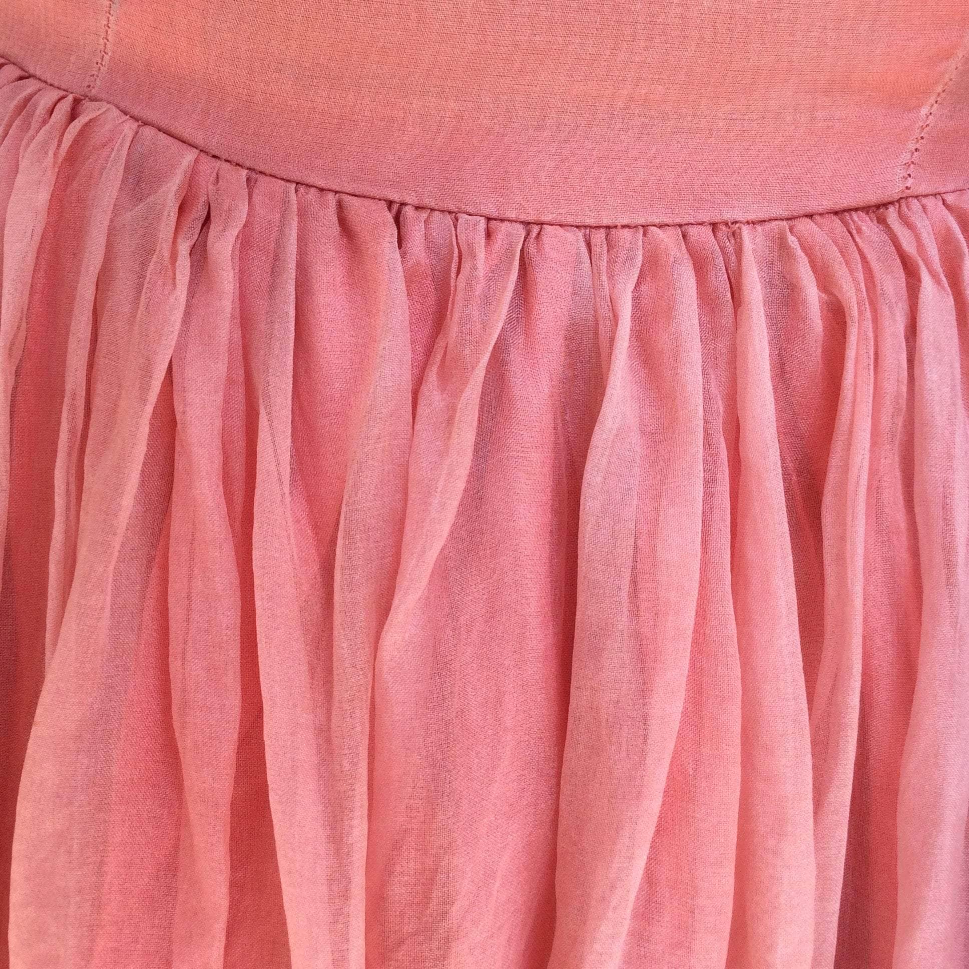 Close-up view of gathering at waist seam of 1950s Silk Chiffon Short-Sleeve Embroidered Dress size Extra Small sold on bohemevintage.com Montreal