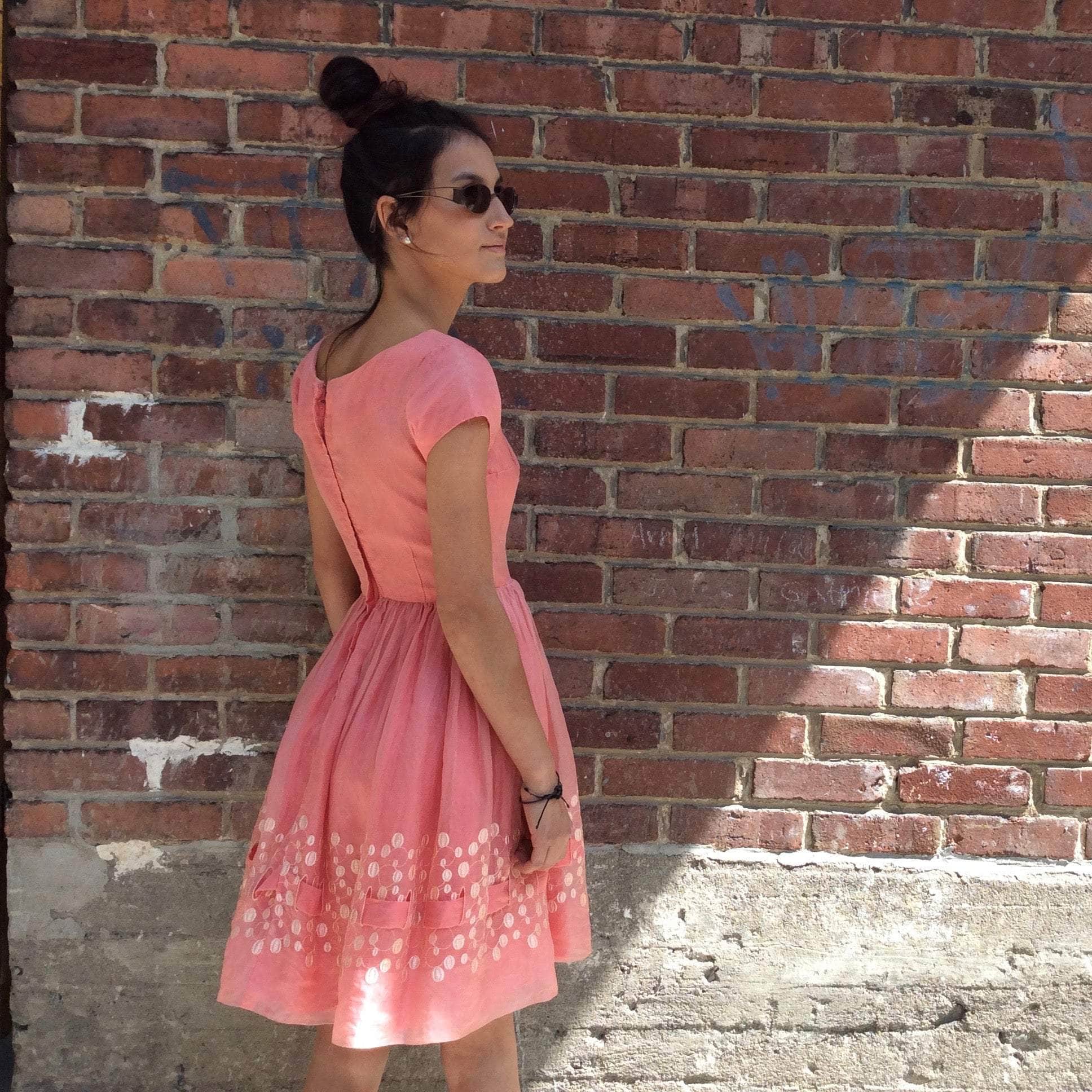 Side view of 1950s Silk Chiffon Short-Sleeve Embroidered Dress size Extra Small sold on bohemevintage.com Montreal