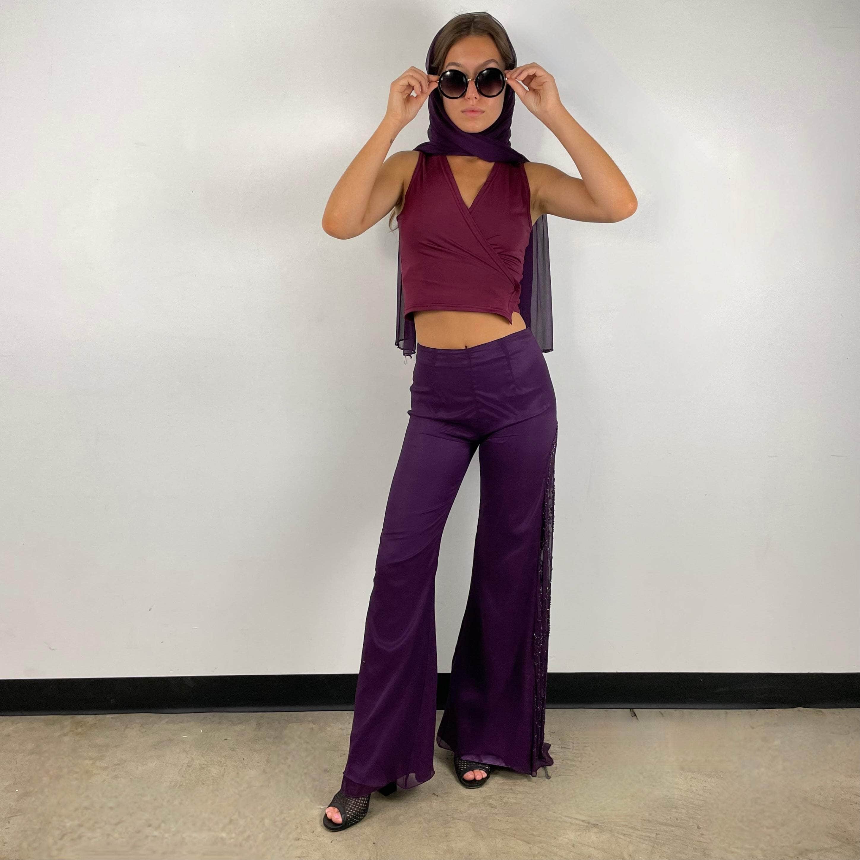 Purple Mid-Rise Flared Silk Pants Size X-Small / Small sold at bohemevintage.com Montreal