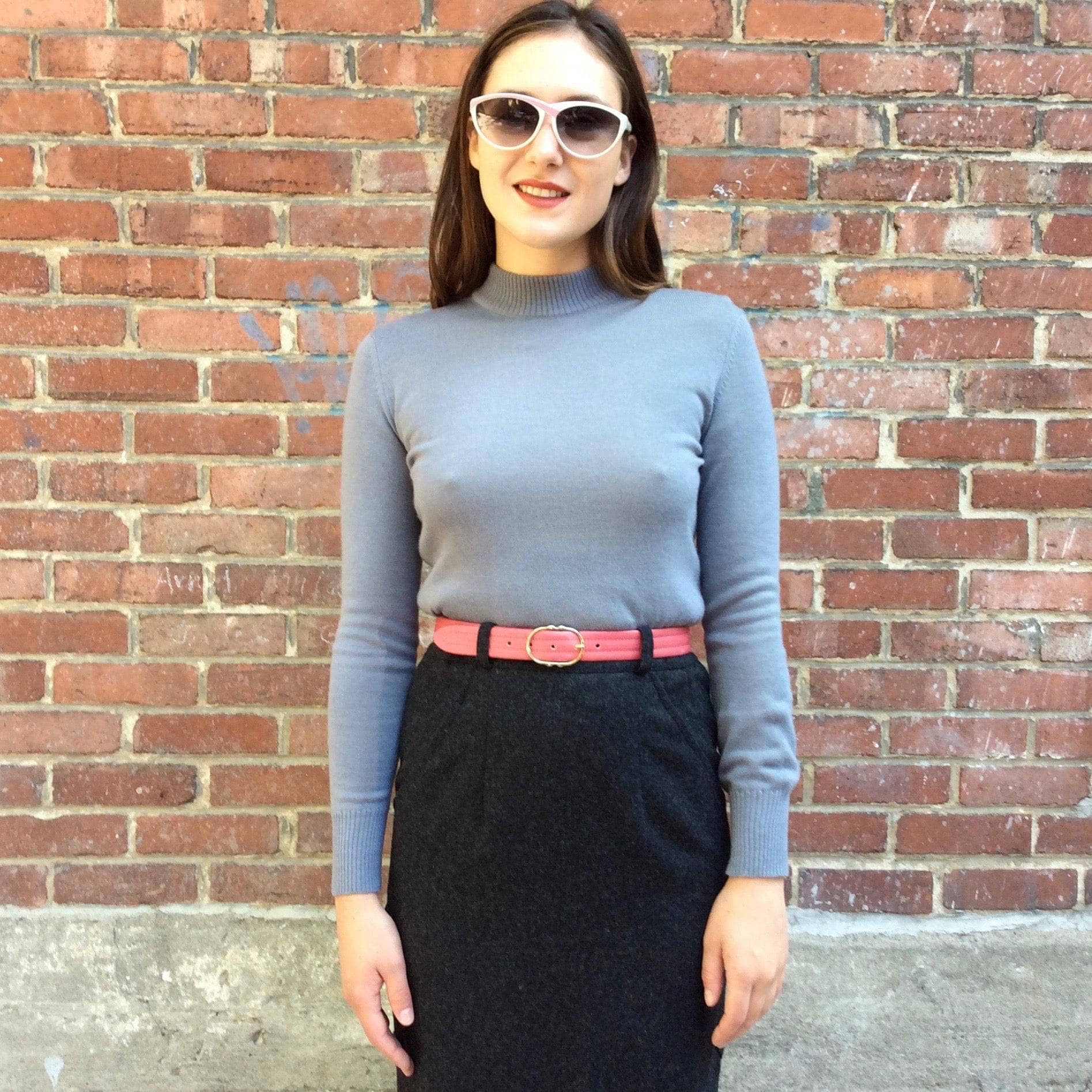 Rodier Grey Mock Neck lightweight Wool Sweater tucked in grey wool skirt Size small-Medium sold by bohemevintage.com Montreal