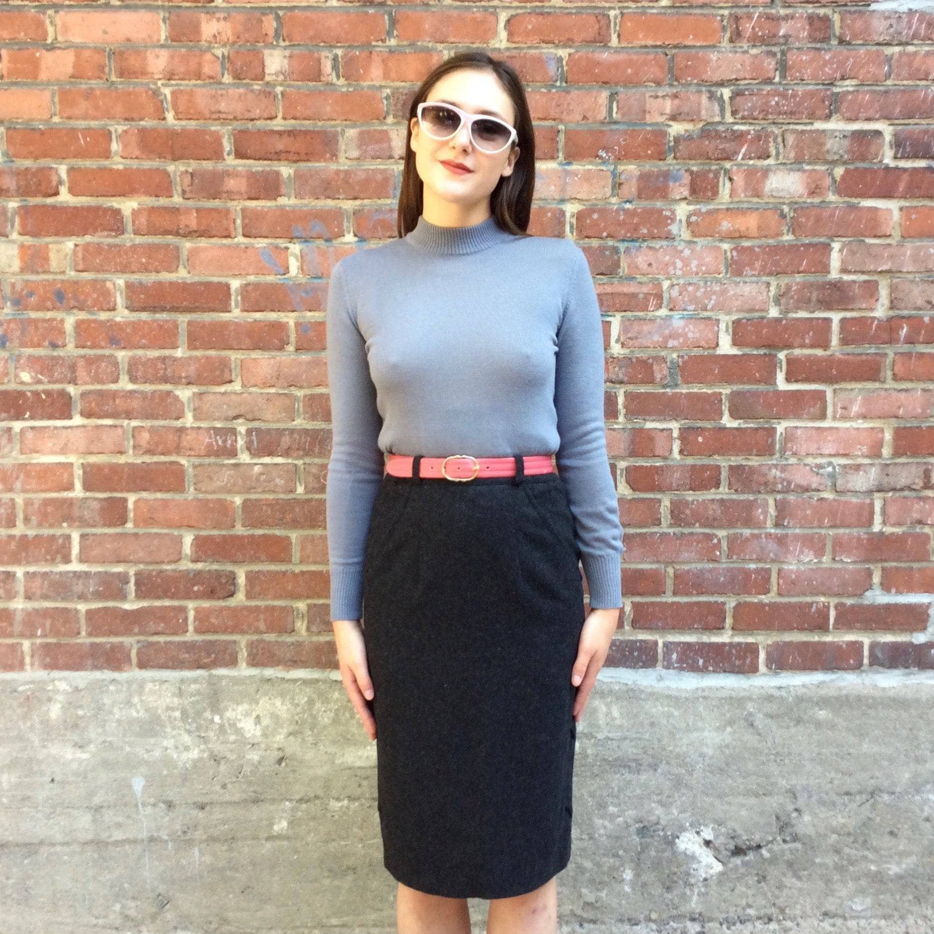 Bohème Vintage Women's Designer Tops Rodier Grey Mock Neck lightweight Wool Sweater S-M