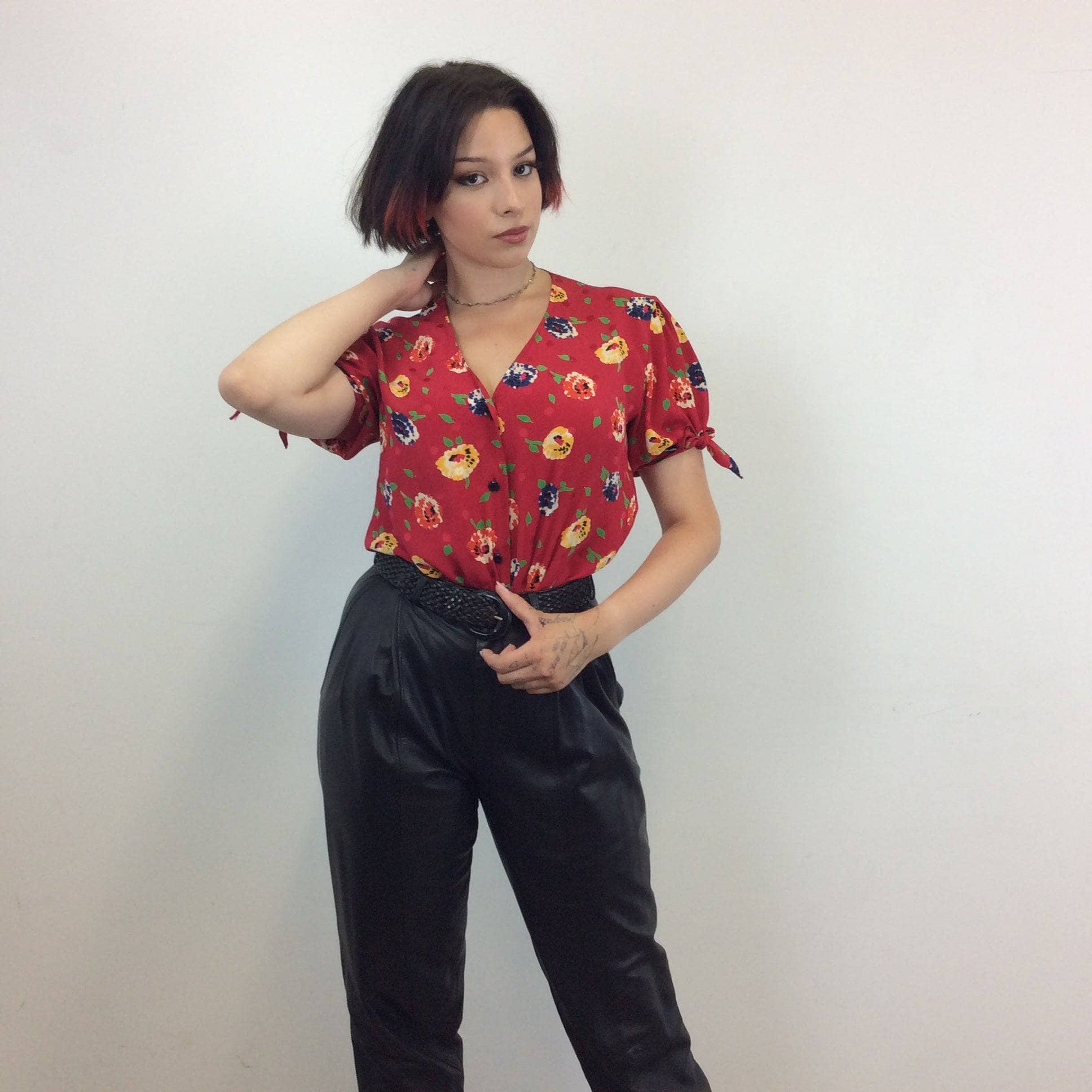 Ungaro 1980s Short Sleeve floral print Red Silk Blouse size Medium sold by bohemevntage.com