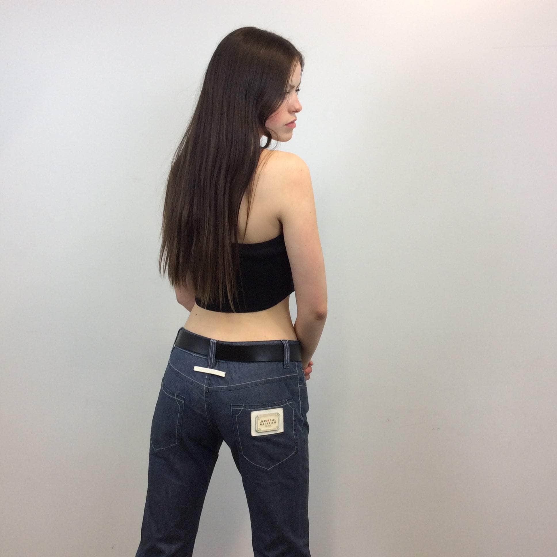 Back view of Jean Paul Gaultier Cigarette style Low Rise Jeans sold by bohemevintage