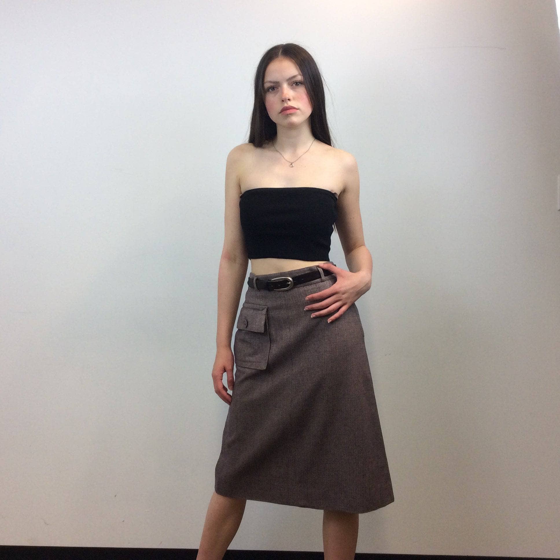 Front View of 1940s A-line Midi Wool Skirt Size Small sold by bohemevintage.com Montreal