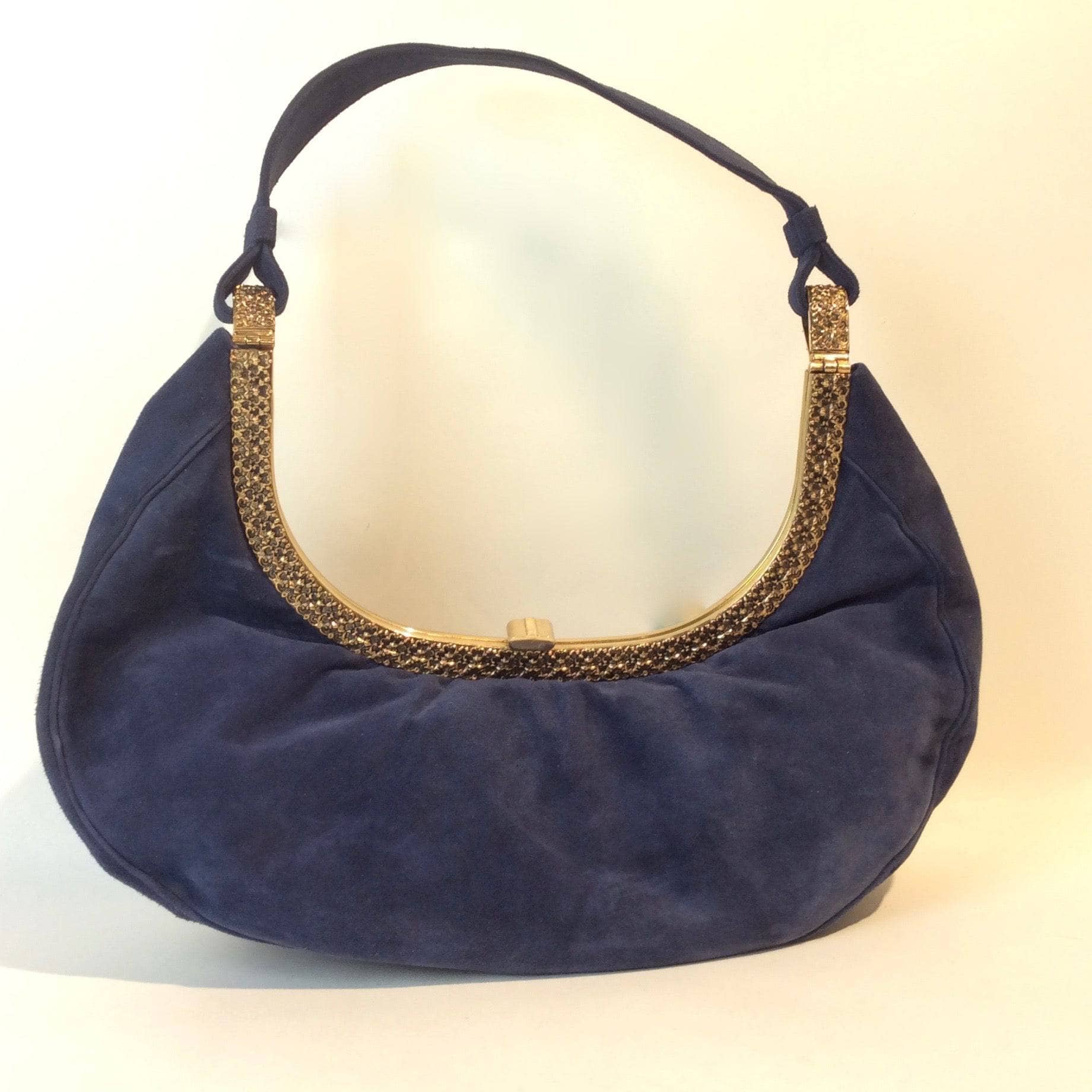 1950s Blue Suede Crescent Handbag with Detailed Gold Frame Sold by bohemevintage.com Montréal
