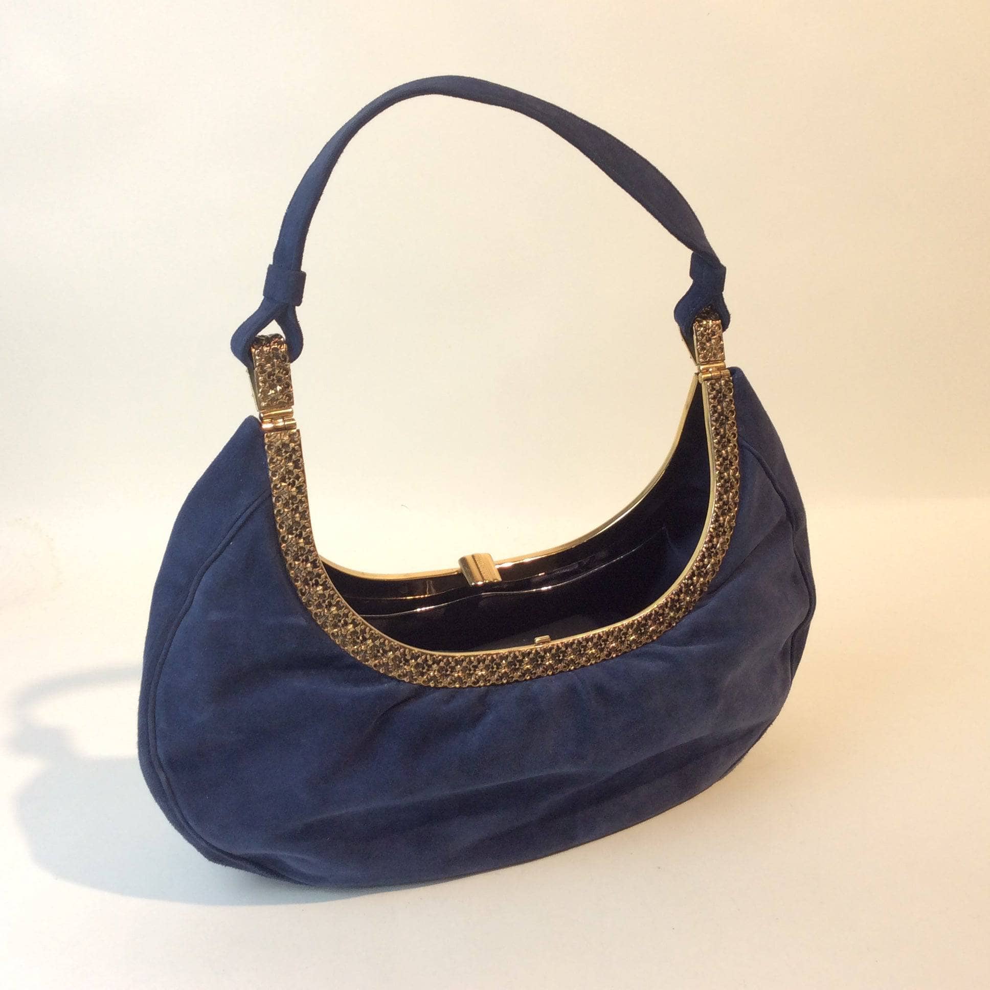 1950s Blue Suede Crescent Purse with Detailed Gold Frame Koret Acc. Sold at bohemevintage.com Montréal