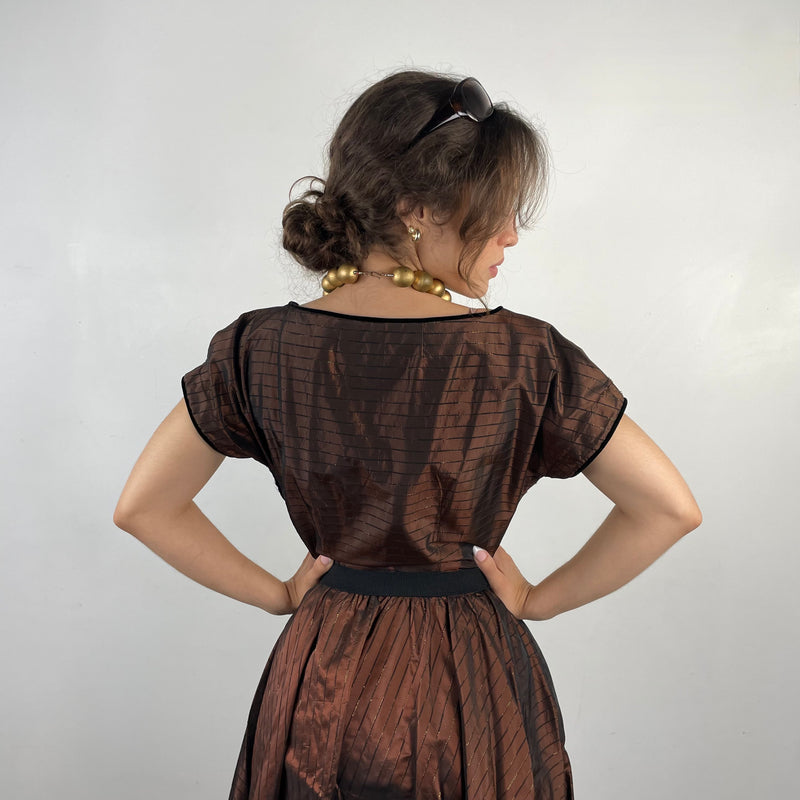 Vintage 1950s Brown Striped Taffeta Full Skirt Dress Small - Boheme Vintage Montreal