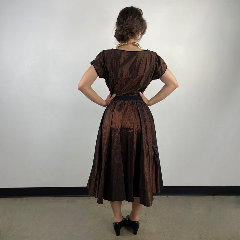 Vintage 1950s Brown Striped Taffeta Full Skirt Dress Small - Boheme Vintage Montreal