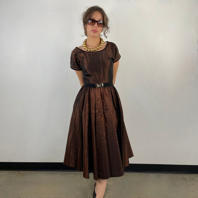 Vintage 1950s Brown Striped Taffeta Full Skirt Dress Small - Boheme Vintage Montreal