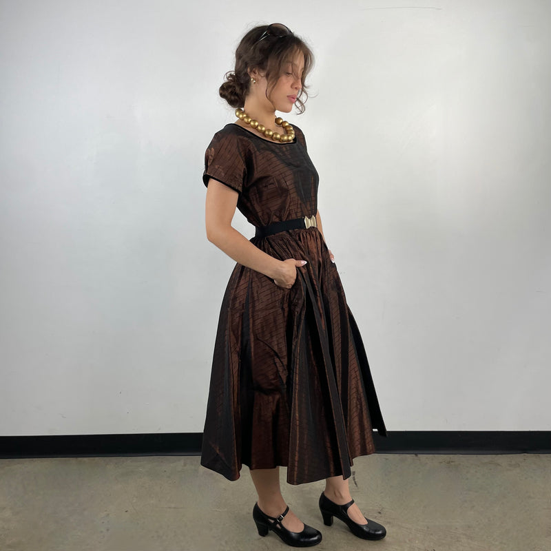 Vintage 1950s Brown Striped Taffeta Full Skirt Dress Small - Boheme Vintage Montreal