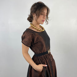 Vintage 1950s Brown Striped Taffeta Full Skirt Dress Small - Boheme Vintage Montreal