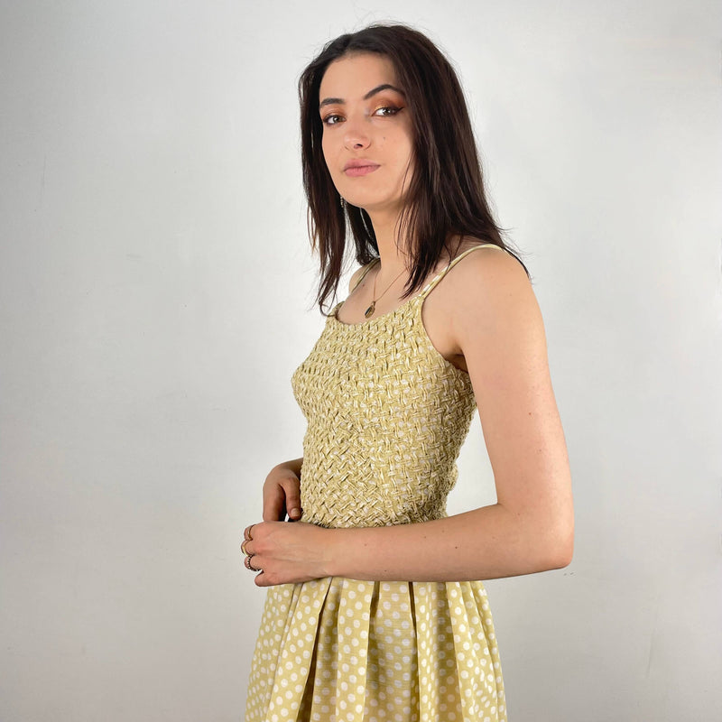 Side view of bodice of 1950s Polka Dot Sleeveless Dress size Small sold at bohemevintage.com Montreal