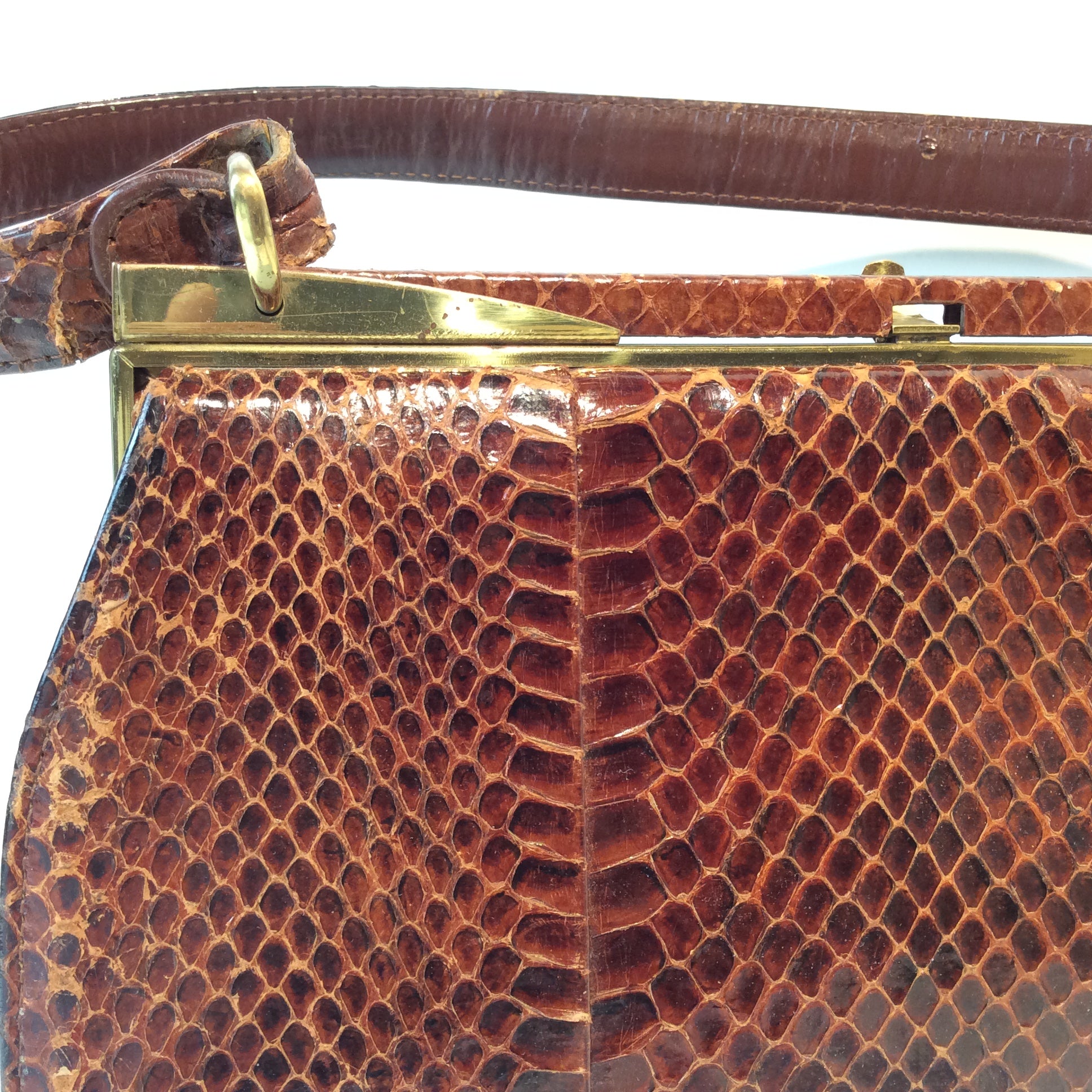 Vintage snakeskin handbag with velvet interior, two compartments, one-of-a-kind collectible piece, available at Boheme Vintage in Montreal – bohemevintage.com