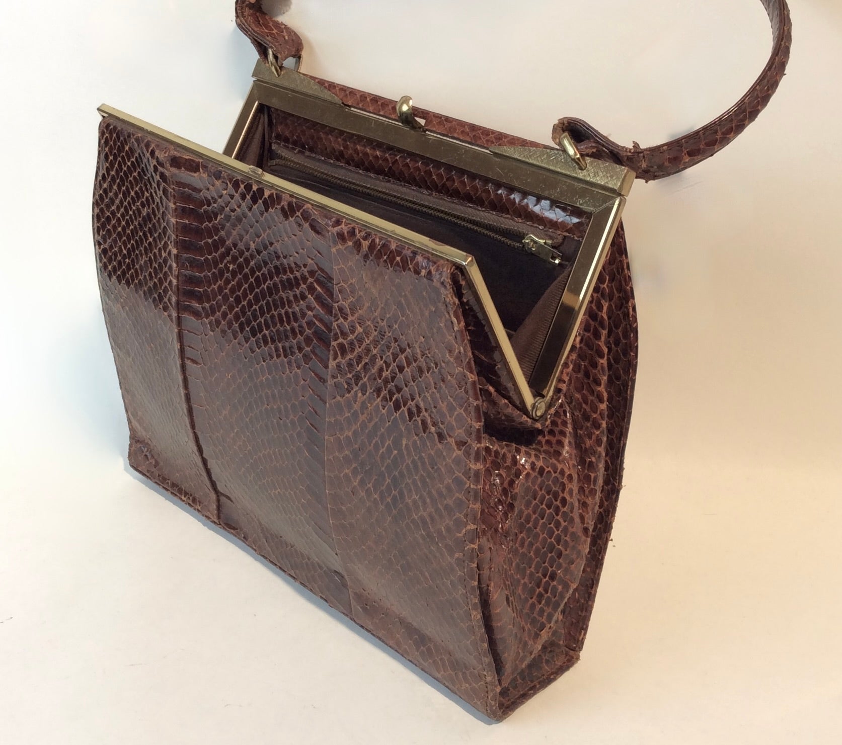 Vintage snakeskin handbag with velvet interior, two compartments, one-of-a-kind collectible piece, available at Boheme Vintage in Montreal – bohemevintage.com
