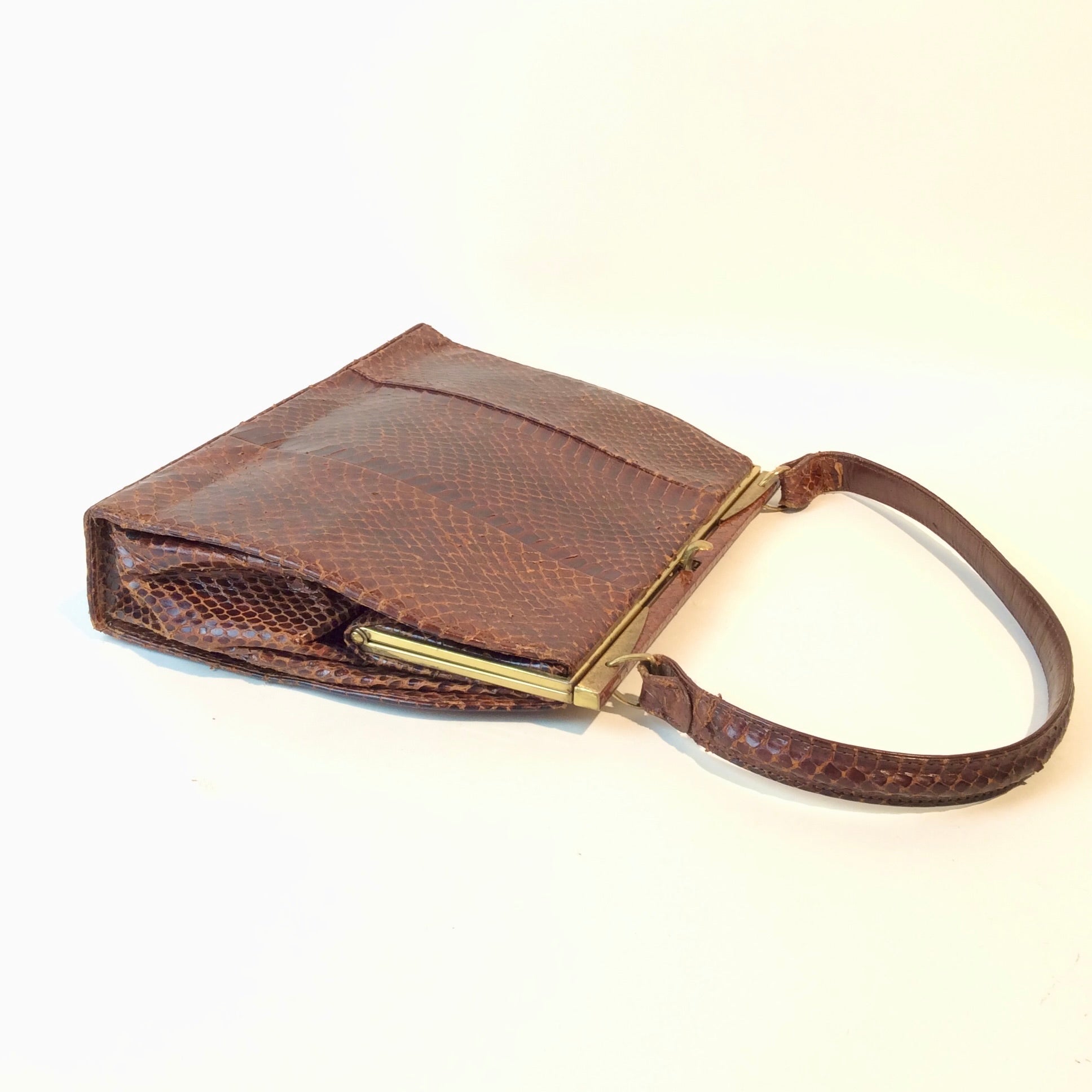 Vintage snakeskin handbag with velvet interior, two compartments, one-of-a-kind collectible piece, available at Boheme Vintage in Montreal – bohemevintage.com