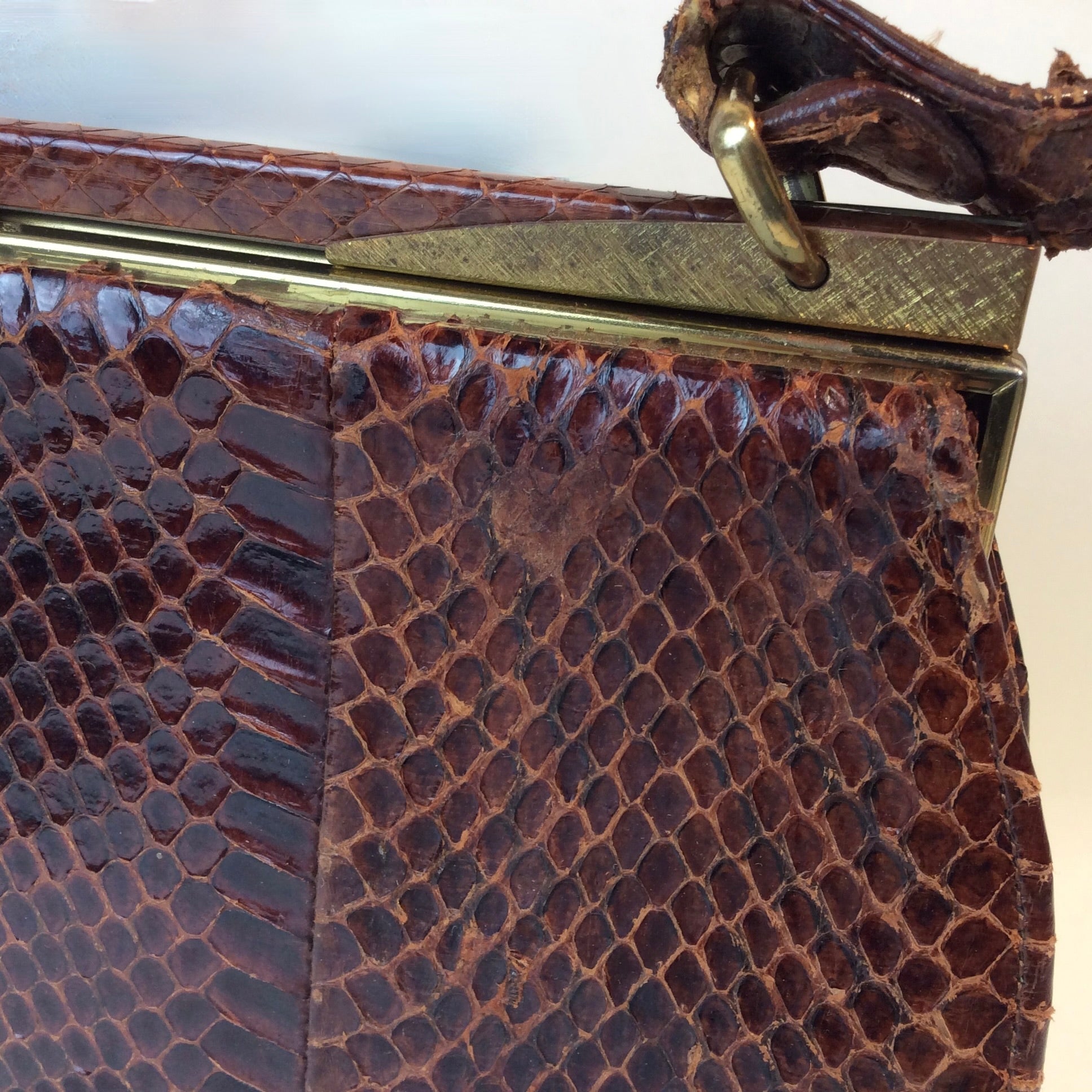 Vintage snakeskin handbag with velvet interior, two compartments, one-of-a-kind collectible piece, available at Boheme Vintage in Montreal – bohemevintage.com